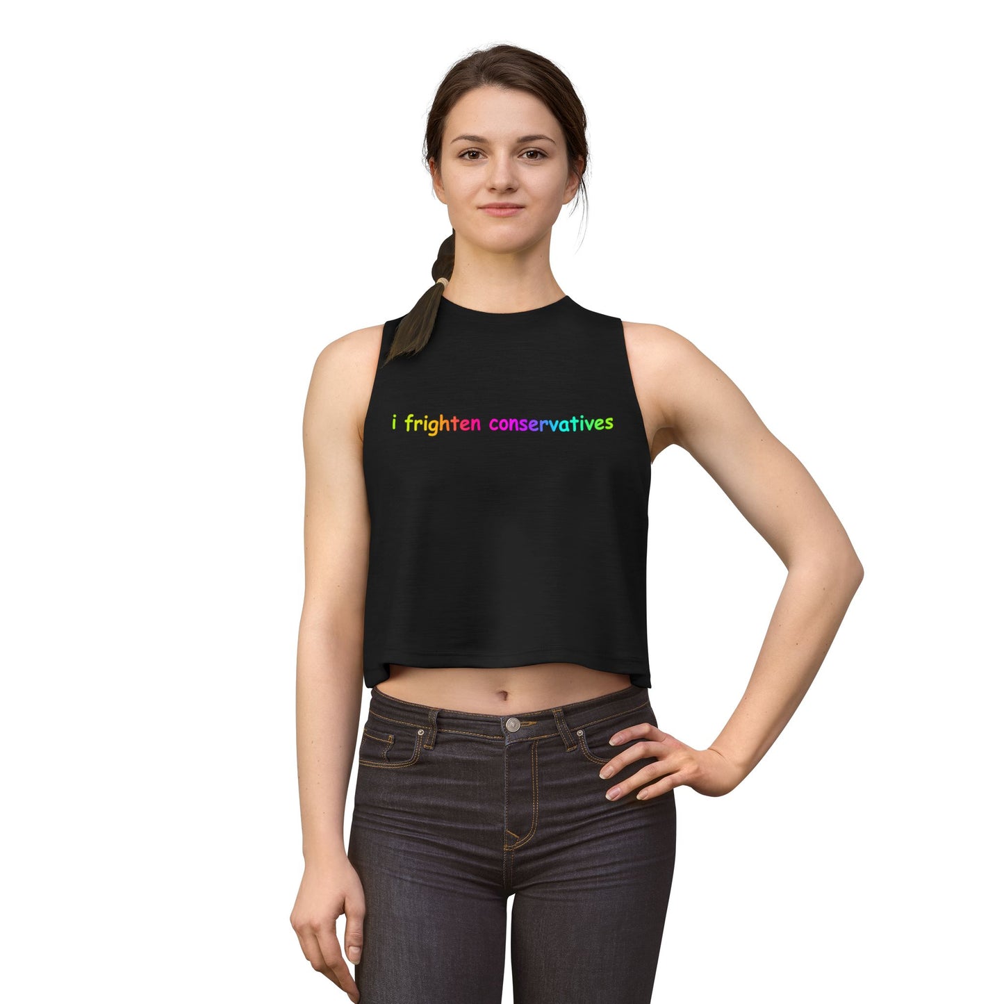 Crop Top — "I Frighten Conservatives" Rainbow Feminist Graphic