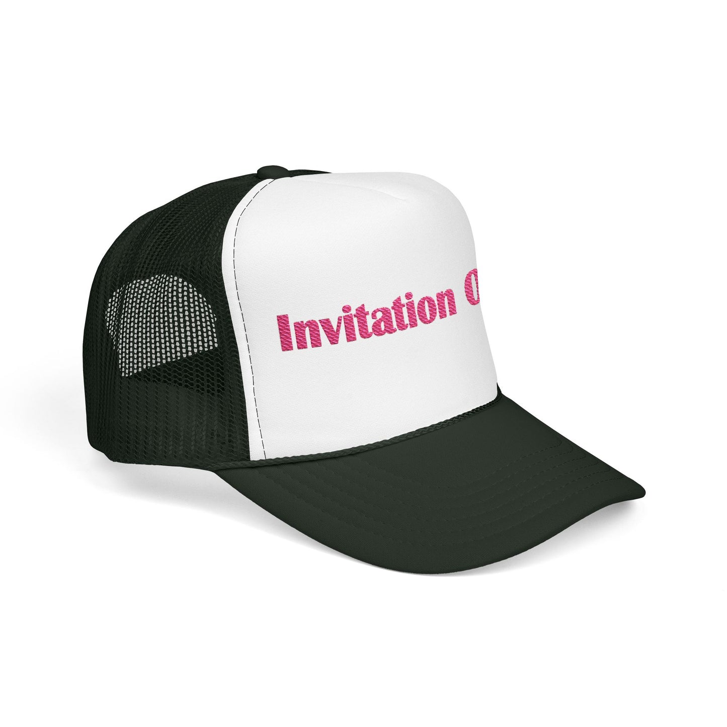 Invitation Only Trucker Hat — Pink Text Foam Cap