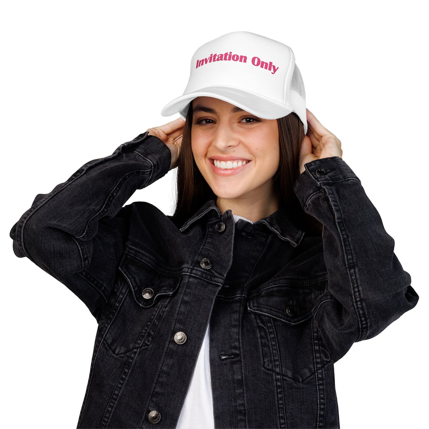Invitation Only Trucker Hat — Pink Text Foam Cap