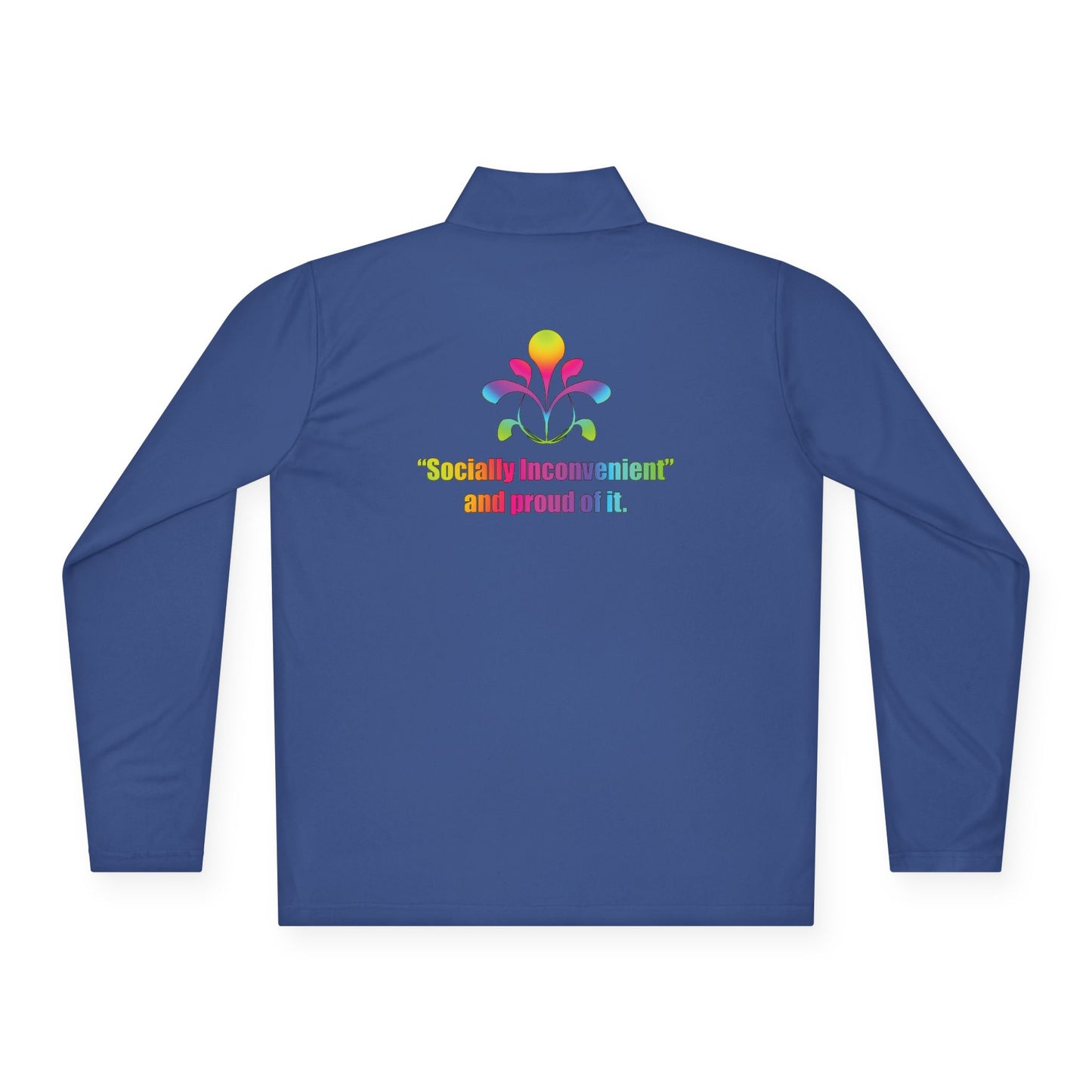 Quarter-Zip Pullover — Colorful Retro Flower Graphic with "Socially Inconvenient" Text