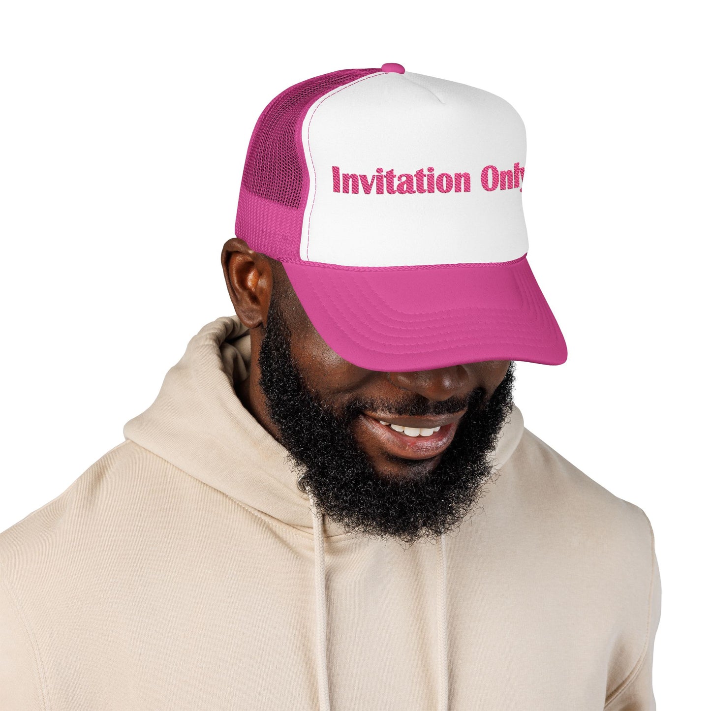 Invitation Only Trucker Hat — Pink Text Foam Cap