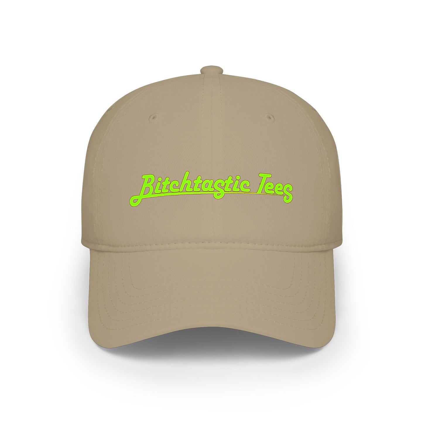 Printed "Bitchtastic Tees" Low Profile Baseball Cap — Retro Script Logo Hat