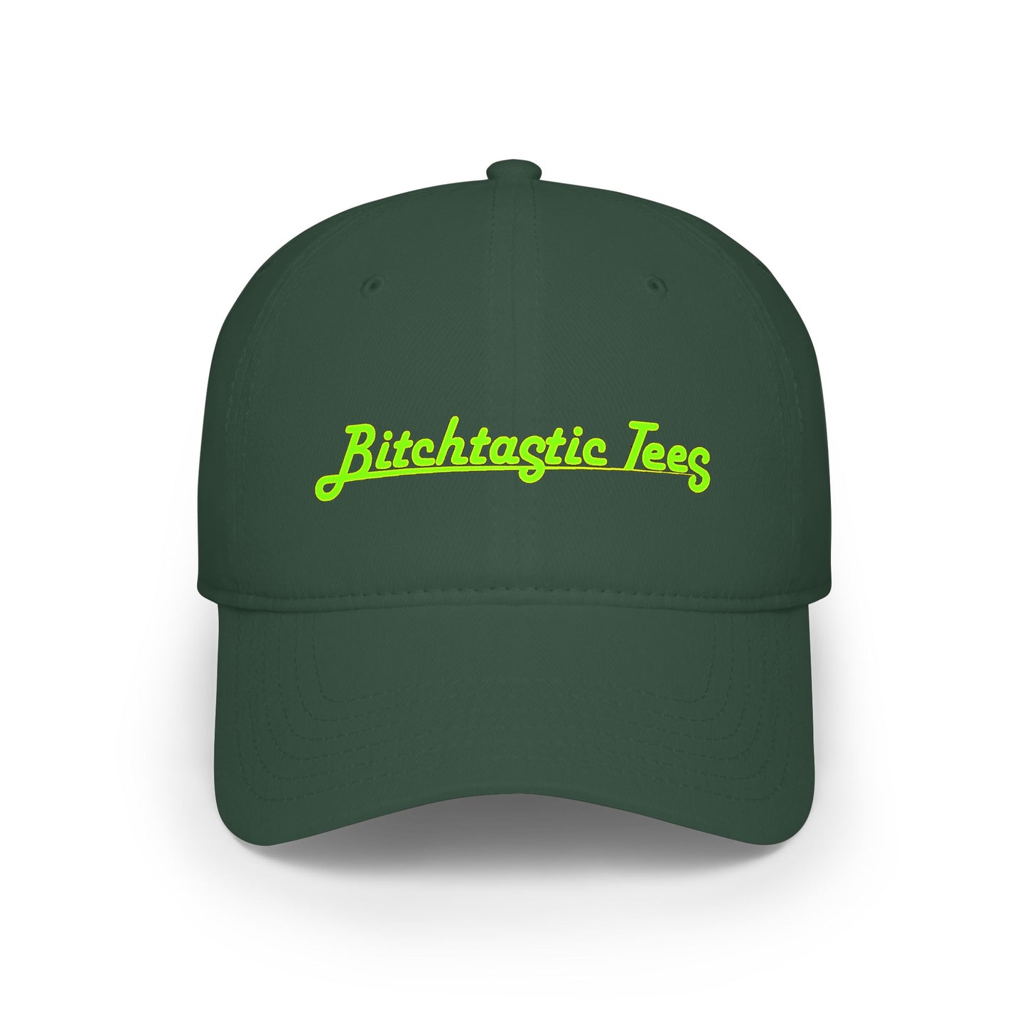 Printed "Bitchtastic Tees" Low Profile Baseball Cap — Retro Script Logo Hat