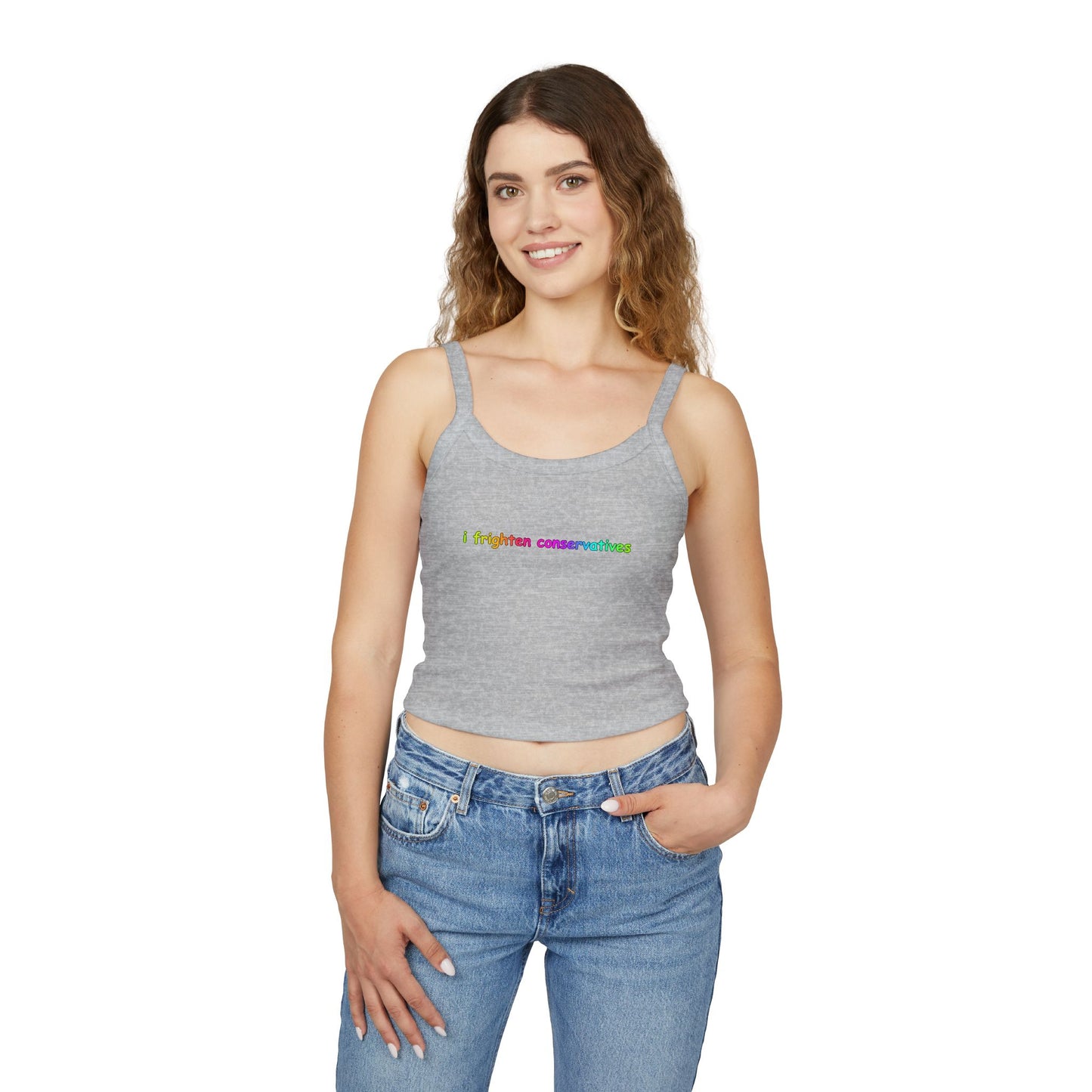 Spaghetti Tank Top — "I Frighten Conservatives" Colorful Feminist Crop