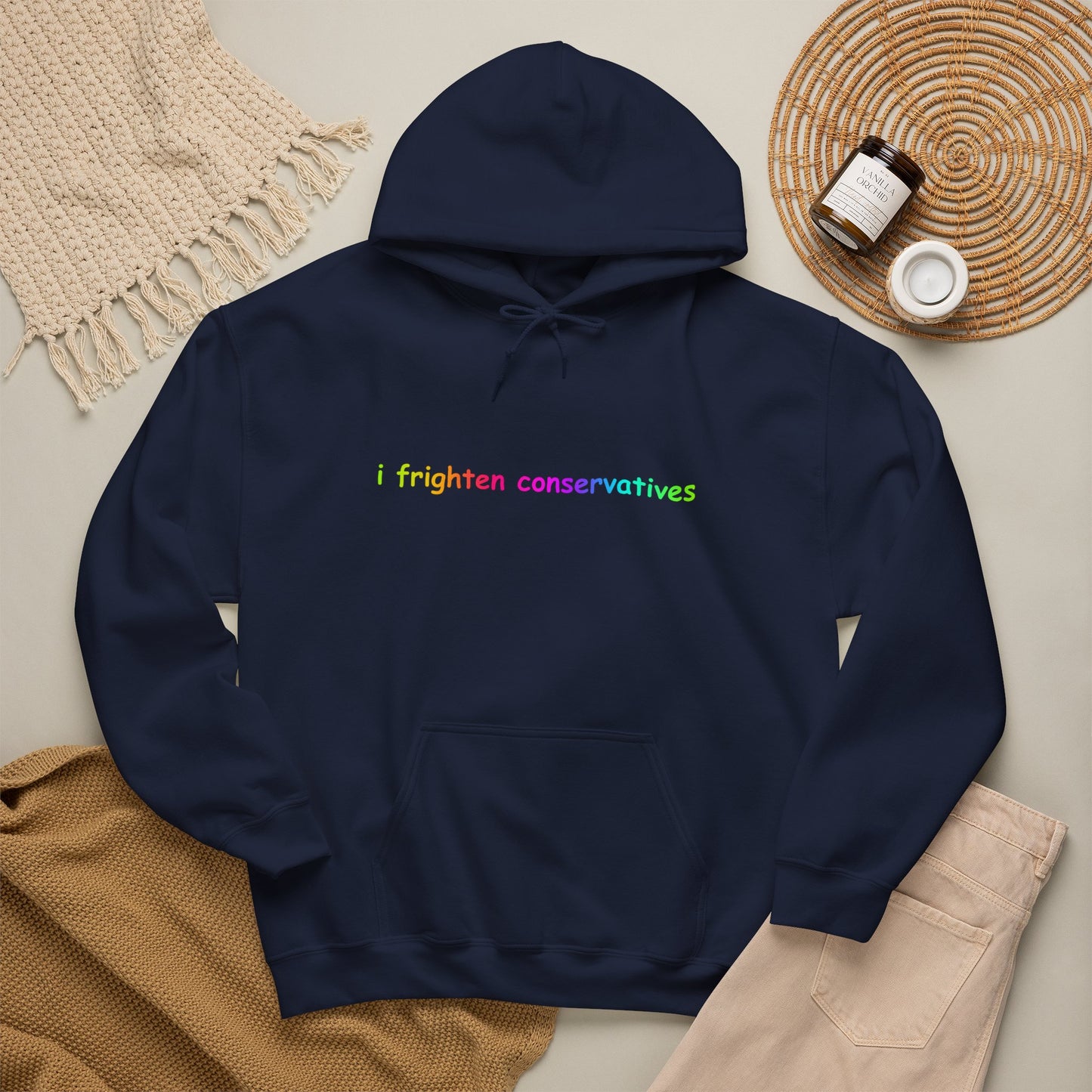 Hoodie — "I Frighten Conservatives" Rainbow Text Pullover