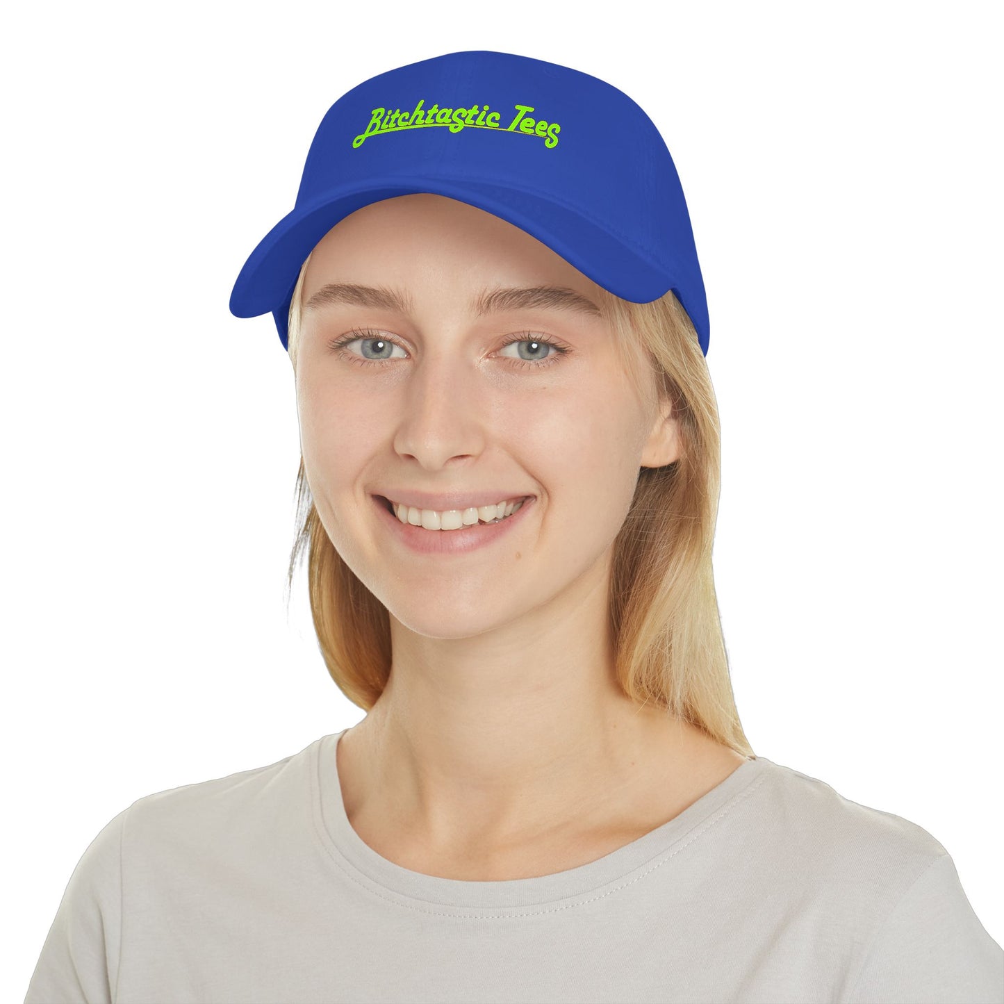 Printed "Bitchtastic Tees" Low Profile Baseball Cap — Retro Script Logo Hat