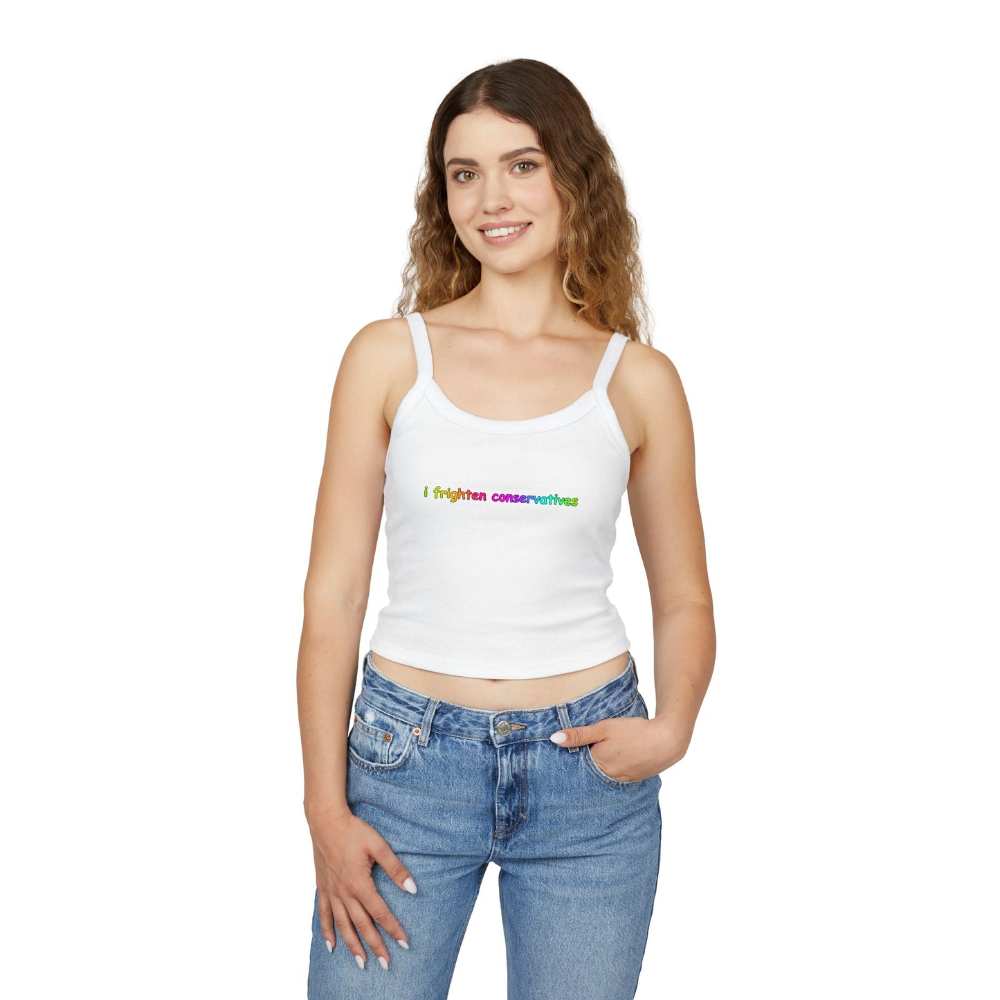 Spaghetti Tank Top — "I Frighten Conservatives" Colorful Feminist Crop