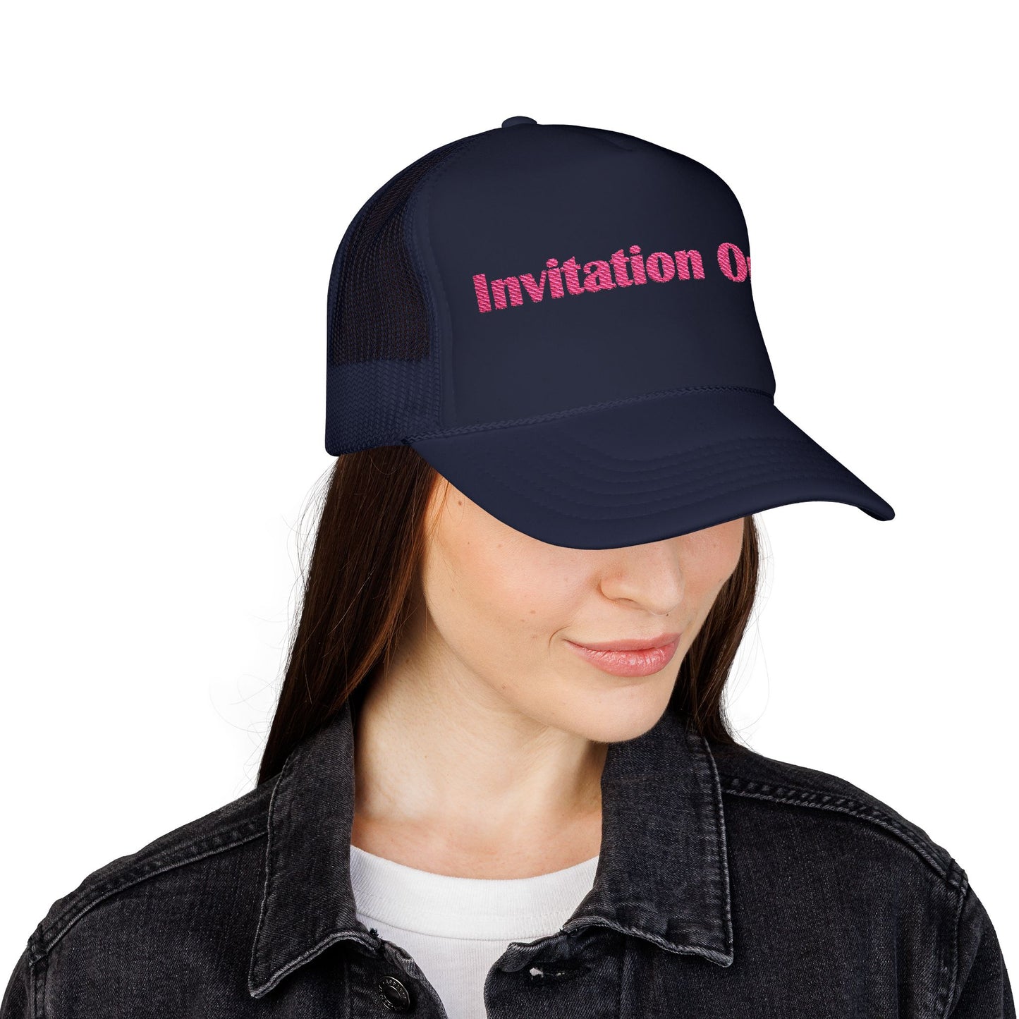 Invitation Only Trucker Hat — Pink Text Foam Cap
