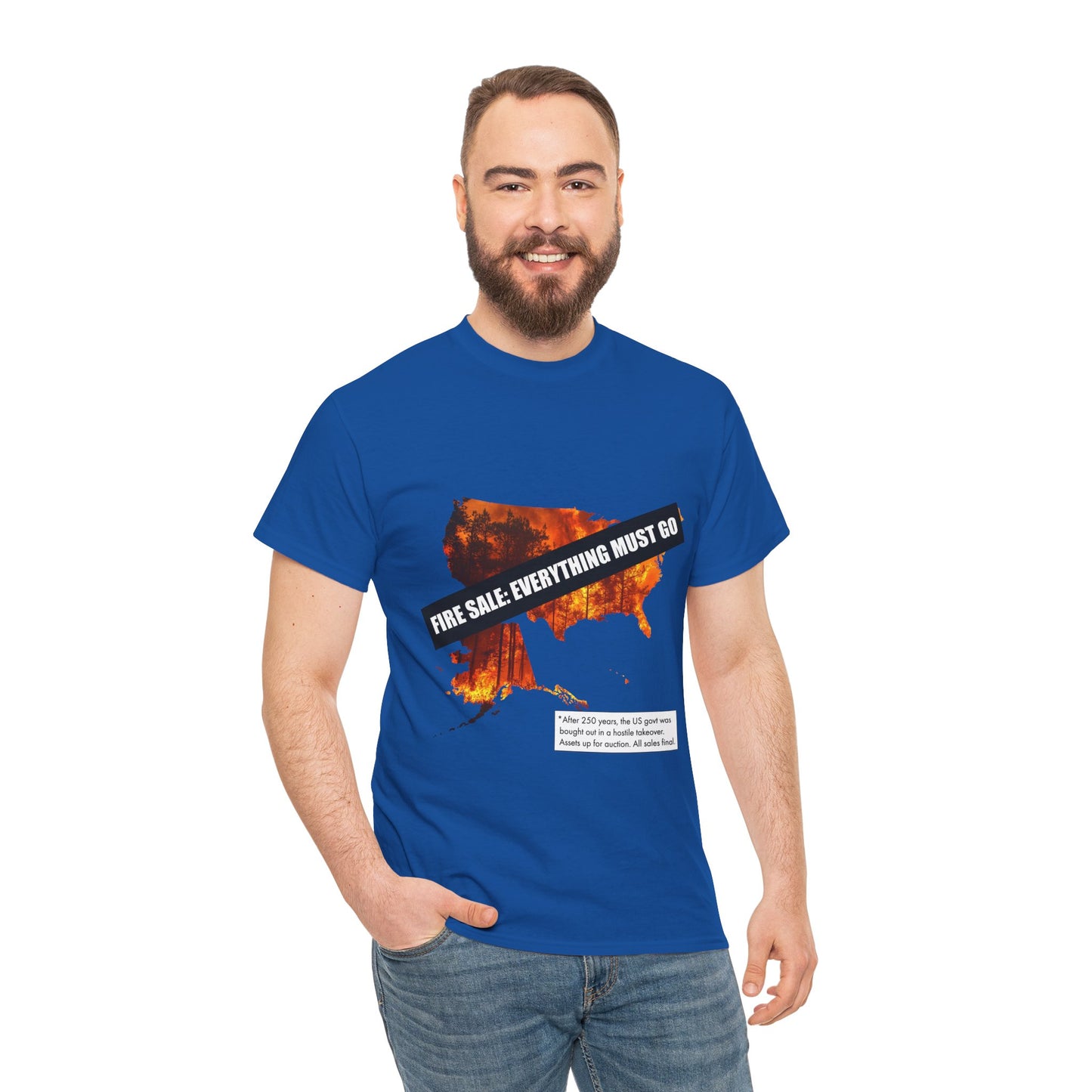 250th anniversary T-Shirt — USA on Fire Graphic Tee with “Fire Sale: Everything Must Go” Text