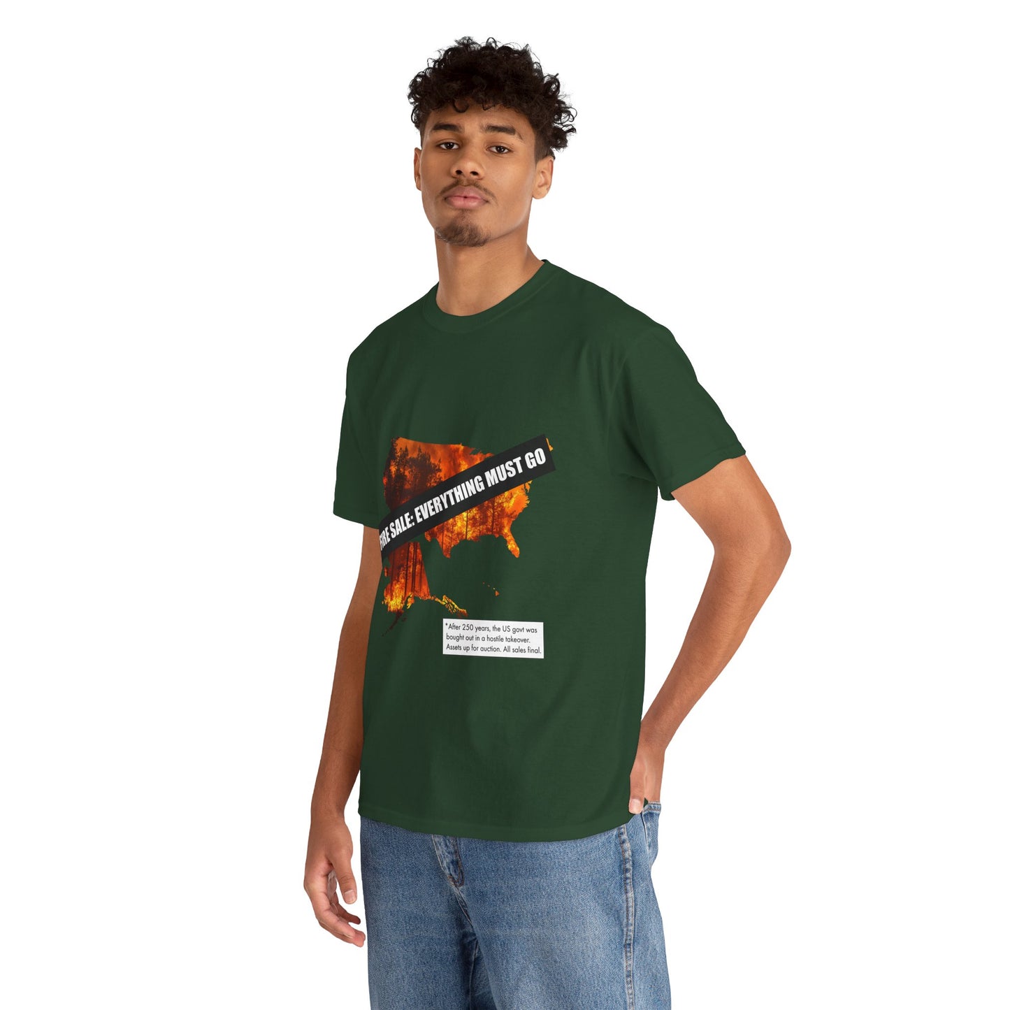 250th anniversary T-Shirt — USA on Fire Graphic Tee with “Fire Sale: Everything Must Go” Text