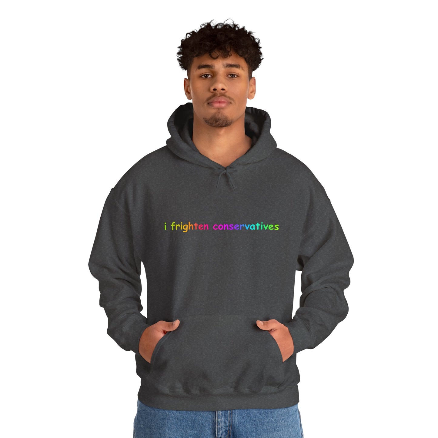 Hoodie — "I Frighten Conservatives" Rainbow Text Pullover