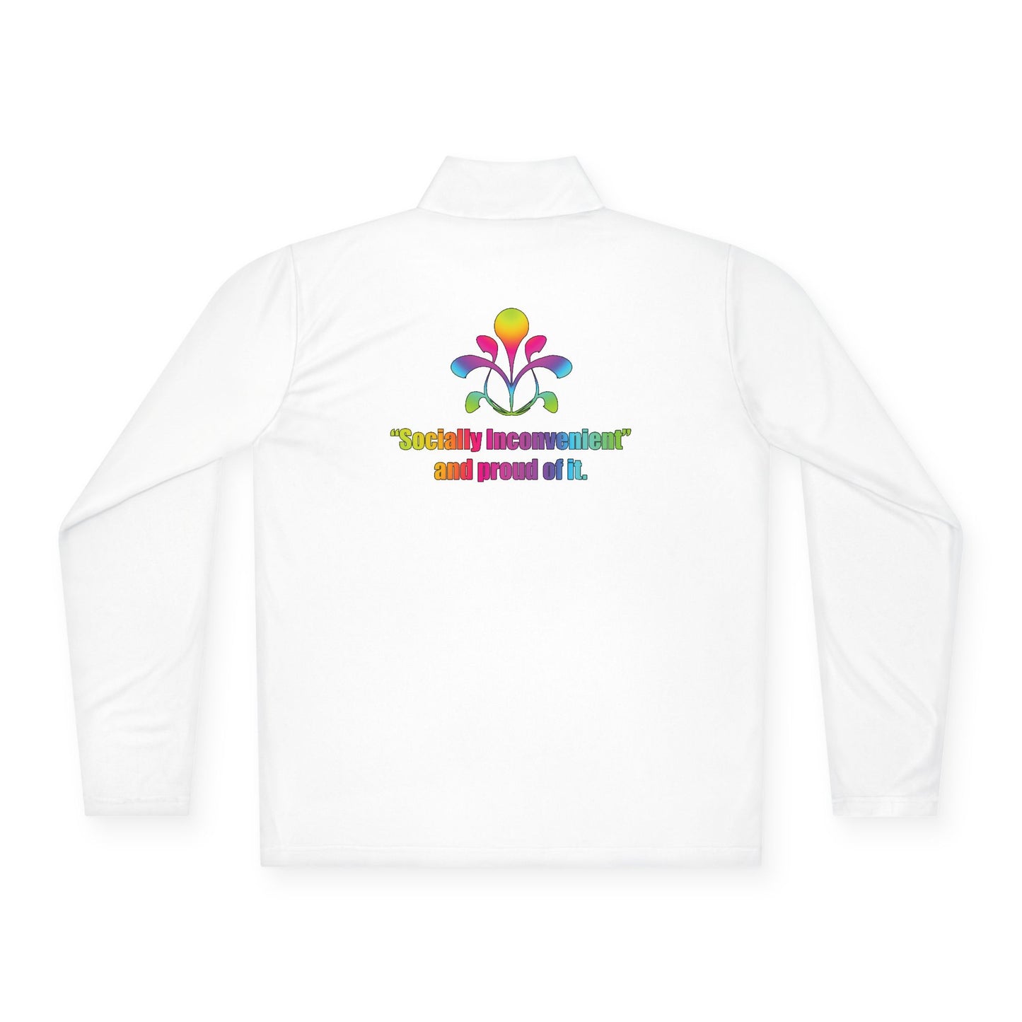 Quarter-Zip Pullover — Colorful Retro Flower Graphic with "Socially Inconvenient" Text