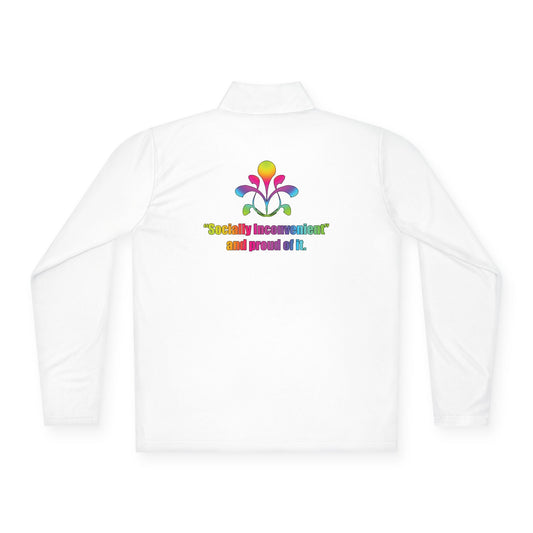 Quarter-Zip Pullover — Colorful Retro Flower Graphic with "Socially Inconvenient" Text