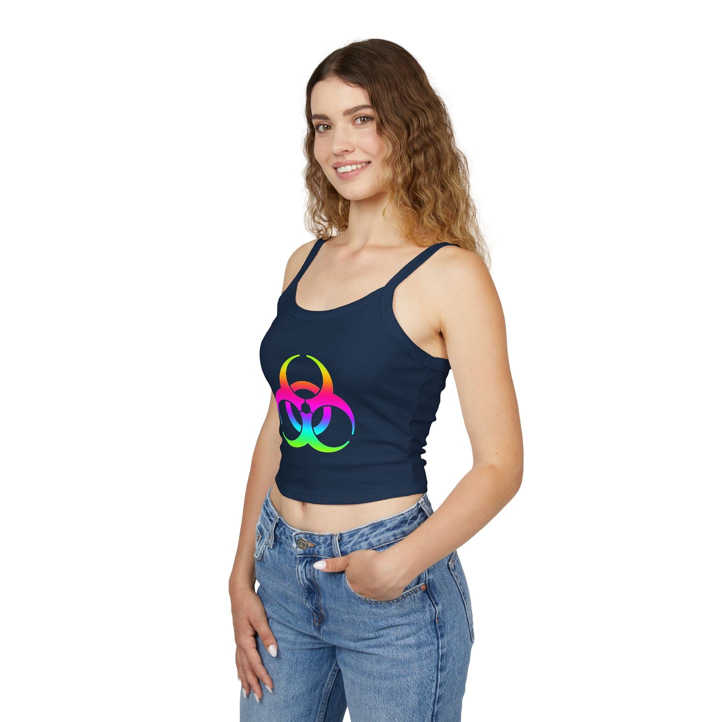 Rainbow Biohazard Crop Tank Top – Neon Hazard Symbol Spaghetti Strap