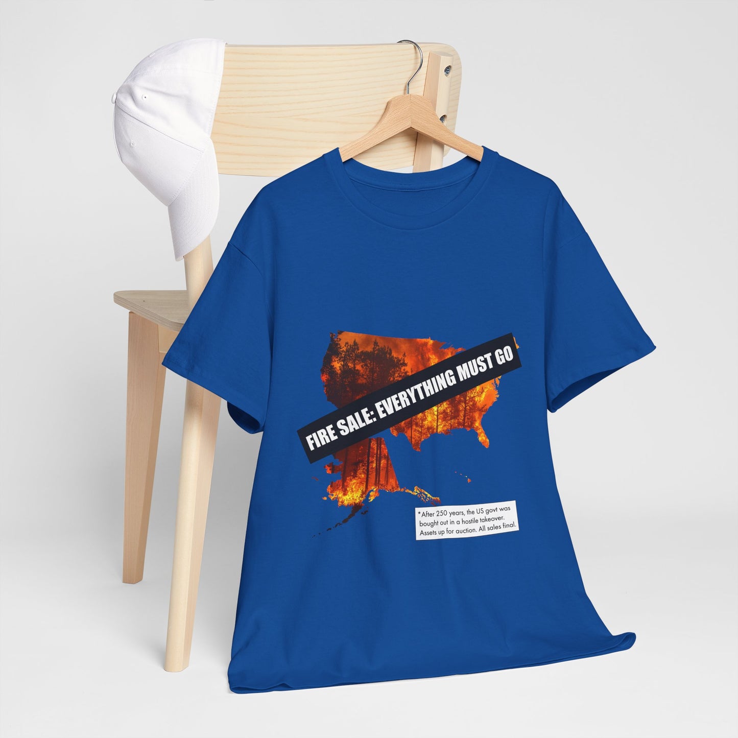 250th anniversary T-Shirt — USA on Fire Graphic Tee with “Fire Sale: Everything Must Go” Text