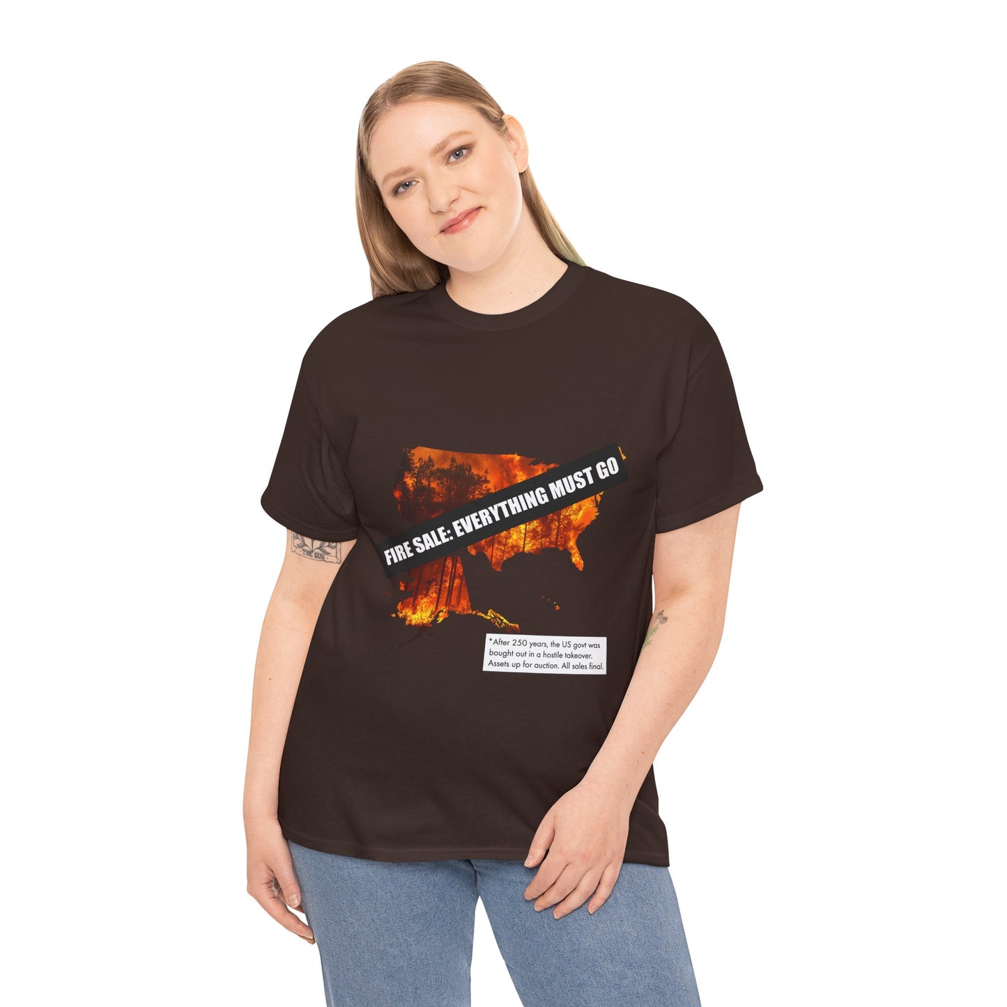250th anniversary T-Shirt — USA on Fire Graphic Tee with “Fire Sale: Everything Must Go” Text