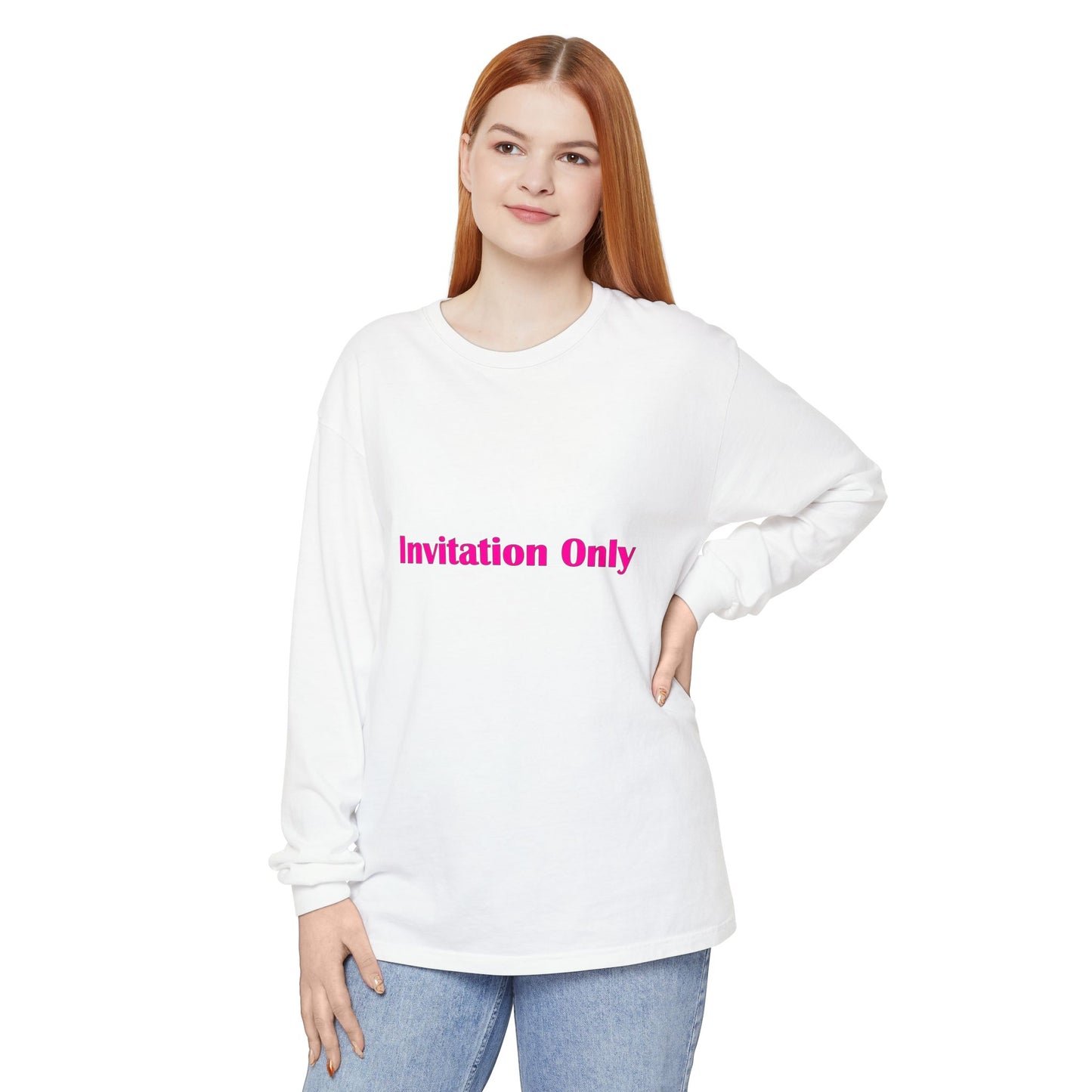Invitation Only Long Sleeve Tee — Minimal Pink Text Graphic