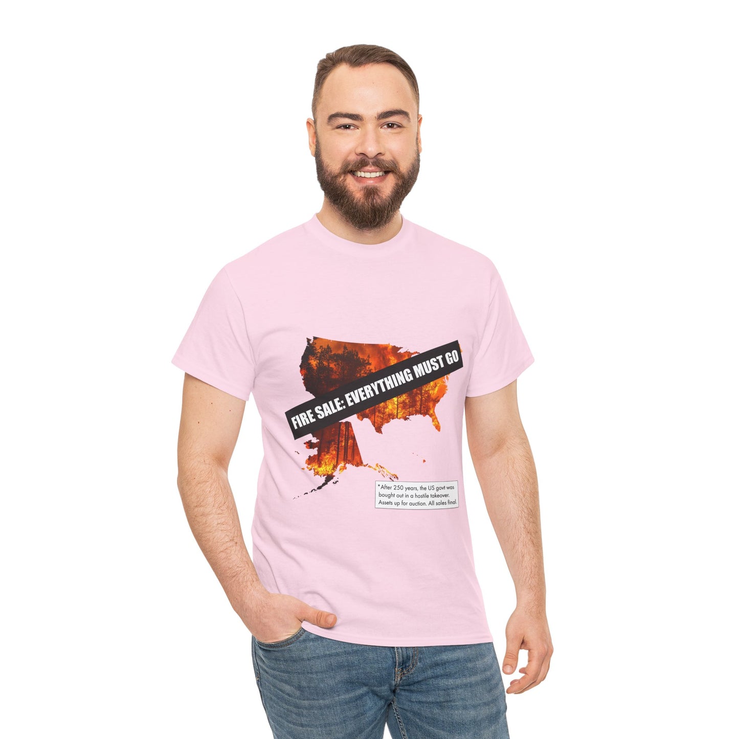 250th anniversary T-Shirt — USA on Fire Graphic Tee with “Fire Sale: Everything Must Go” Text