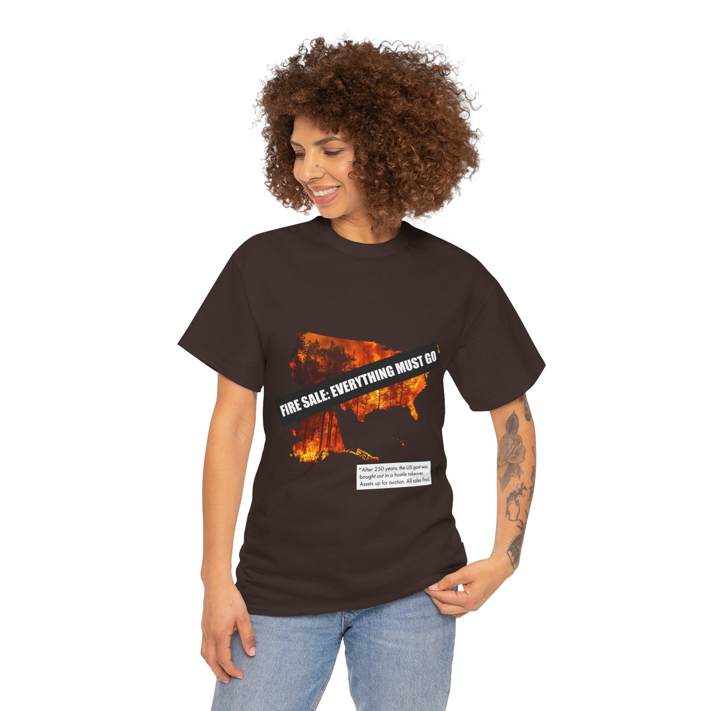 250th anniversary T-Shirt — USA on Fire Graphic Tee with “Fire Sale: Everything Must Go” Text