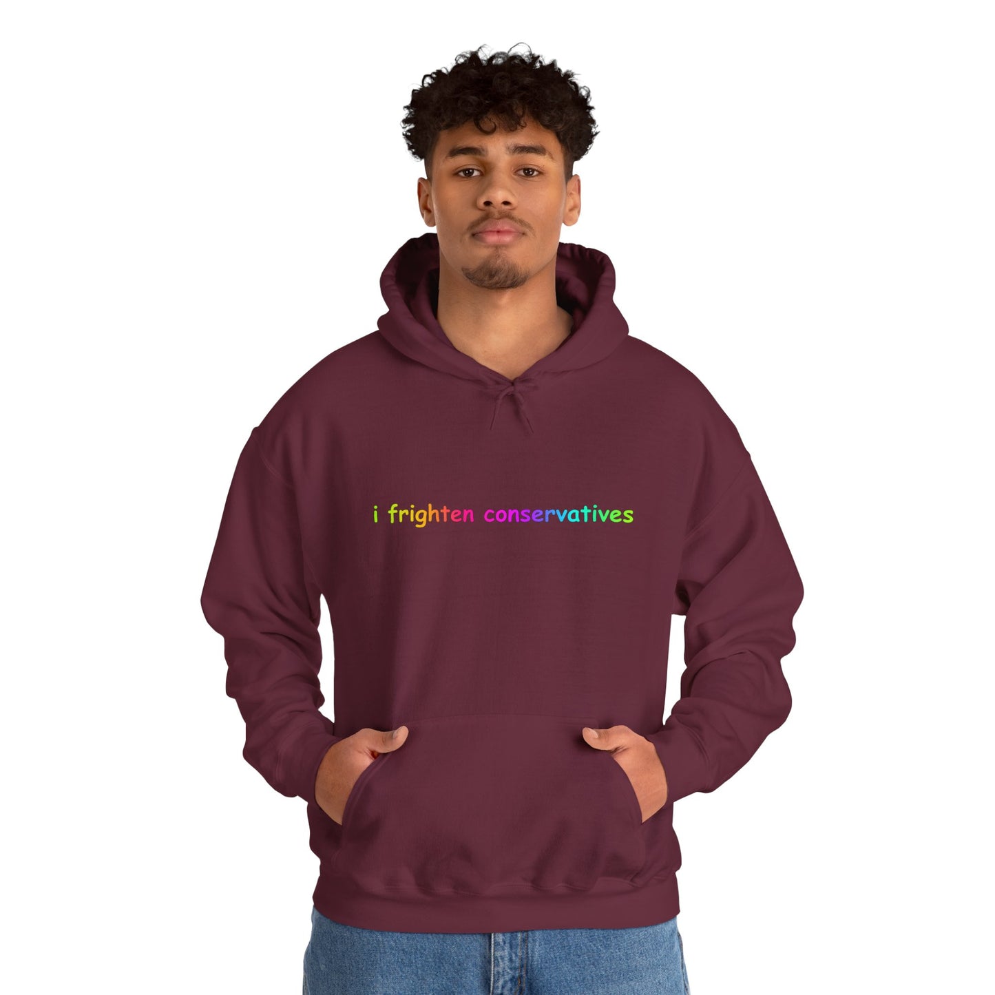 Hoodie — "I Frighten Conservatives" Rainbow Text Pullover