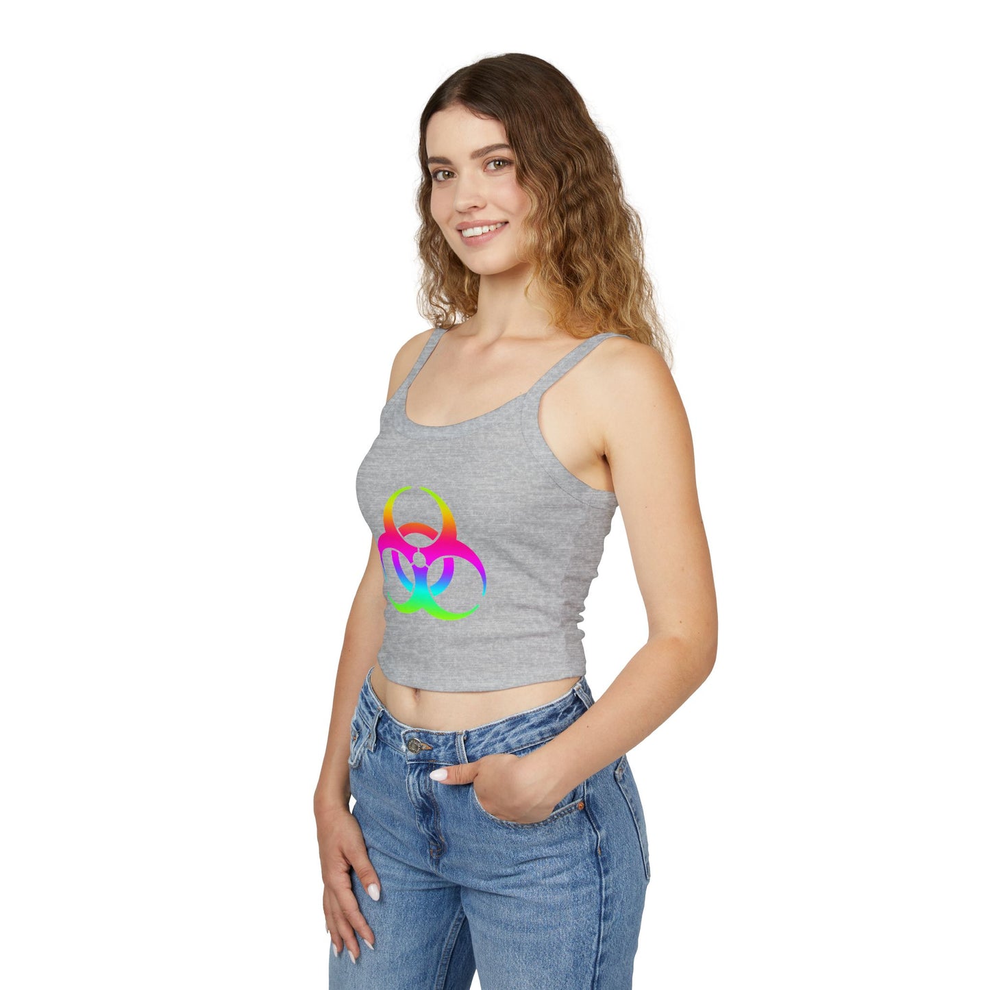 Rainbow Biohazard Crop Tank Top – Neon Hazard Symbol Spaghetti Strap