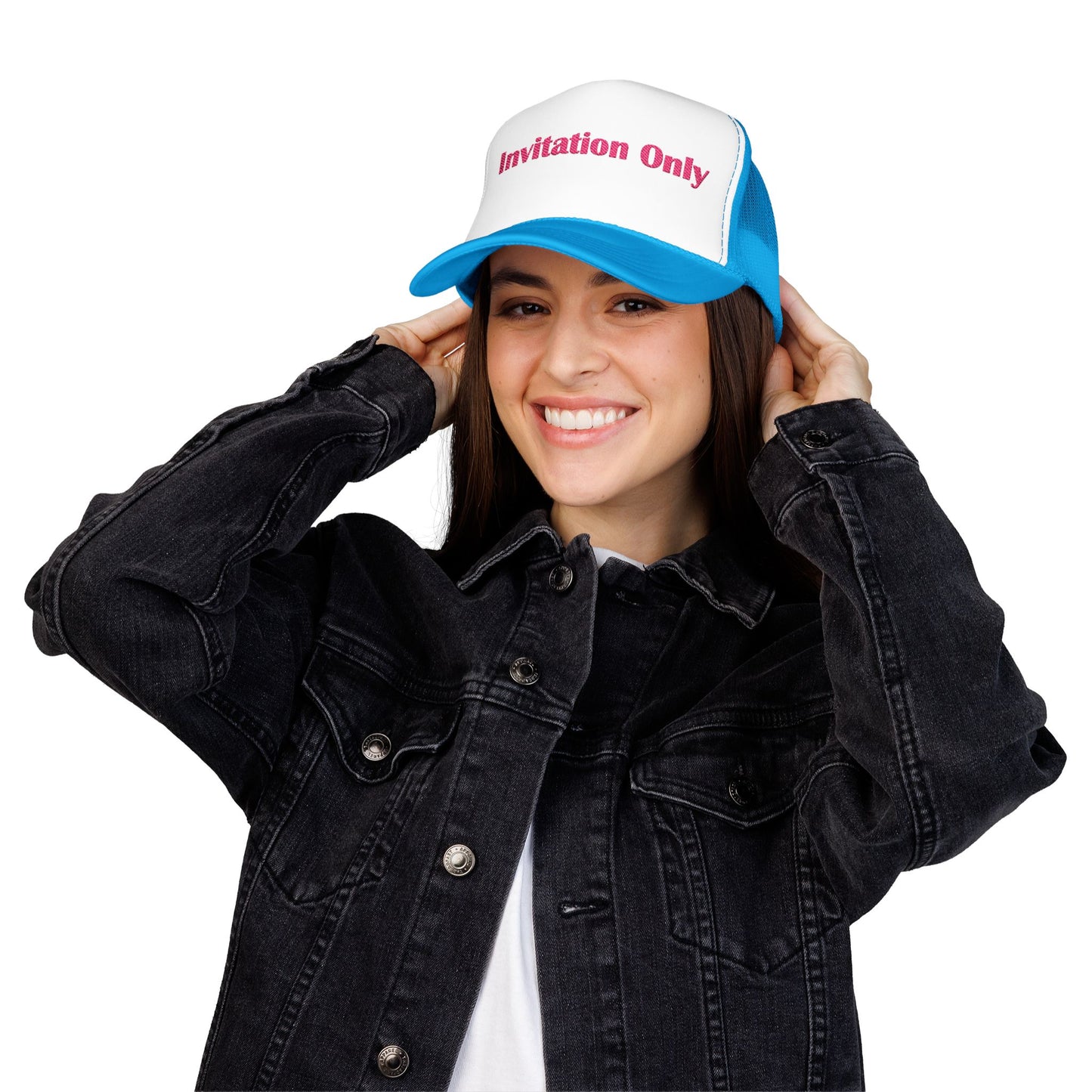 Invitation Only Trucker Hat — Pink Text Foam Cap