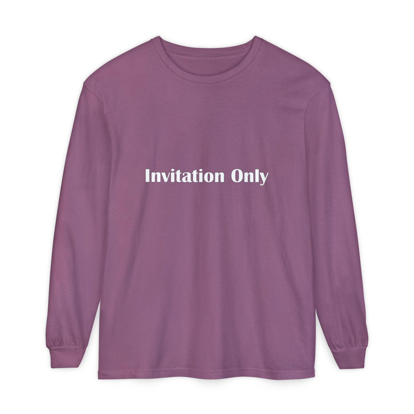Invitation Only Long Sleeve Tee — Minimal Pink Text Graphic