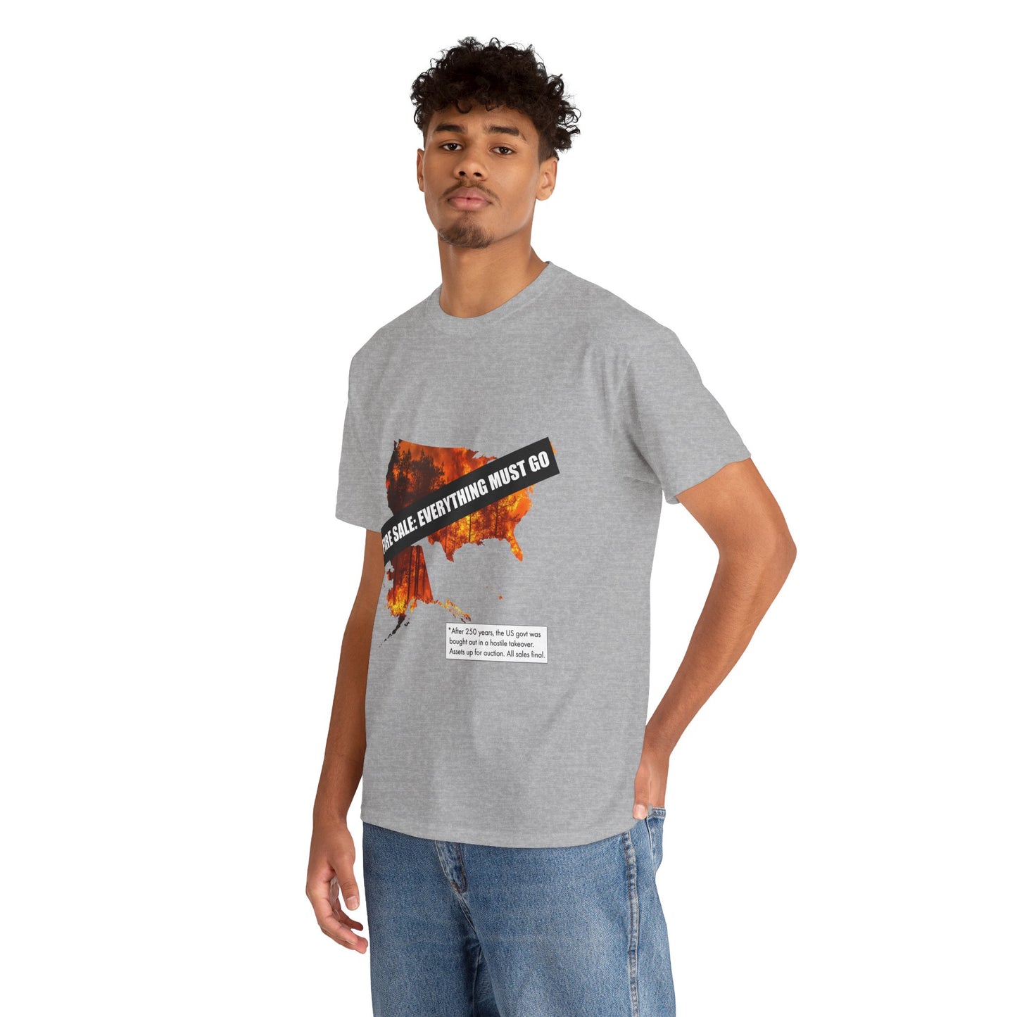 250th anniversary T-Shirt — USA on Fire Graphic Tee with “Fire Sale: Everything Must Go” Text