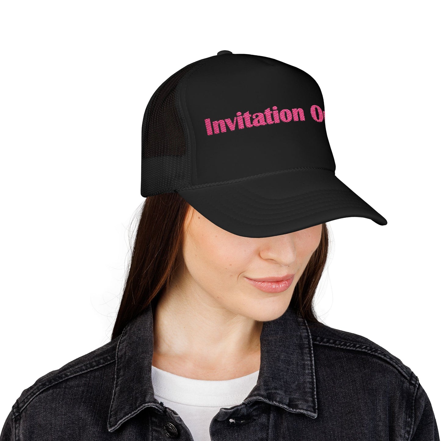 Invitation Only Trucker Hat — Pink Text Foam Cap