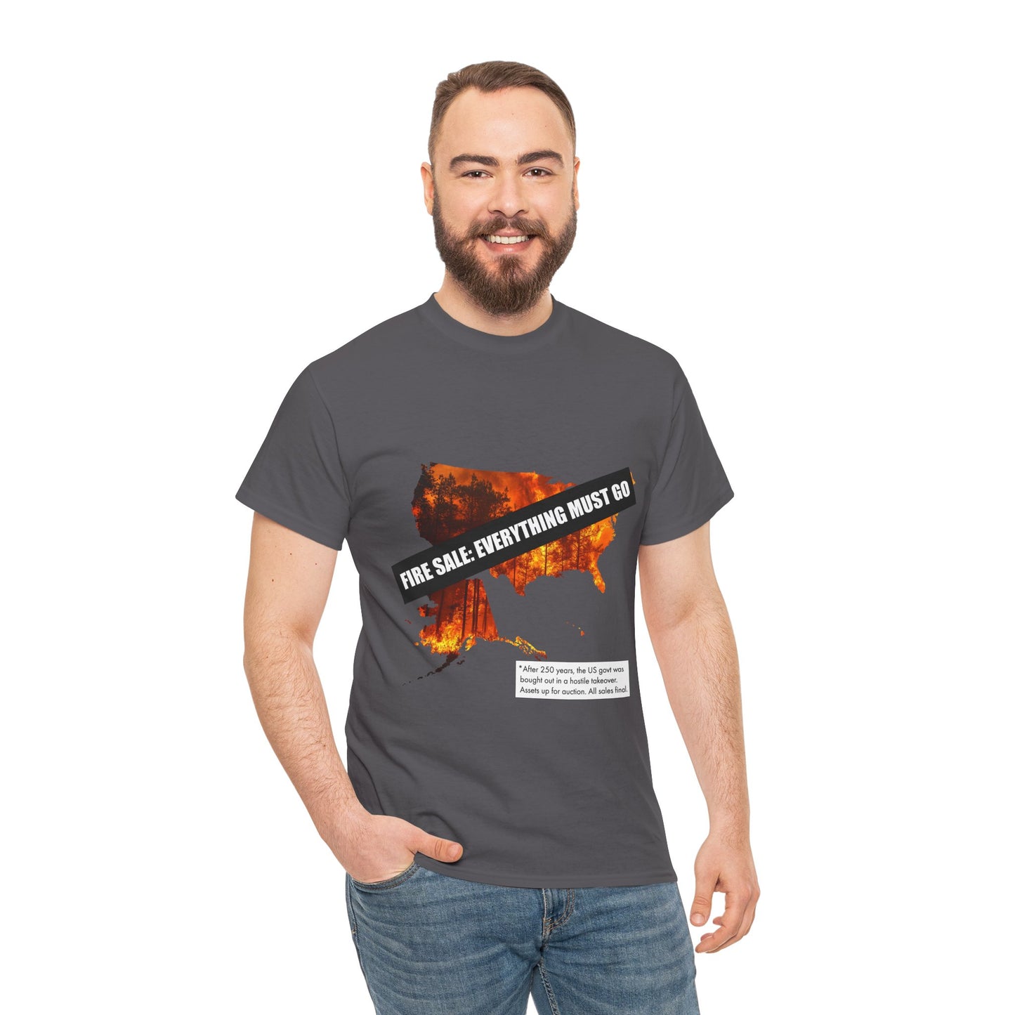 250th anniversary T-Shirt — USA on Fire Graphic Tee with “Fire Sale: Everything Must Go” Text