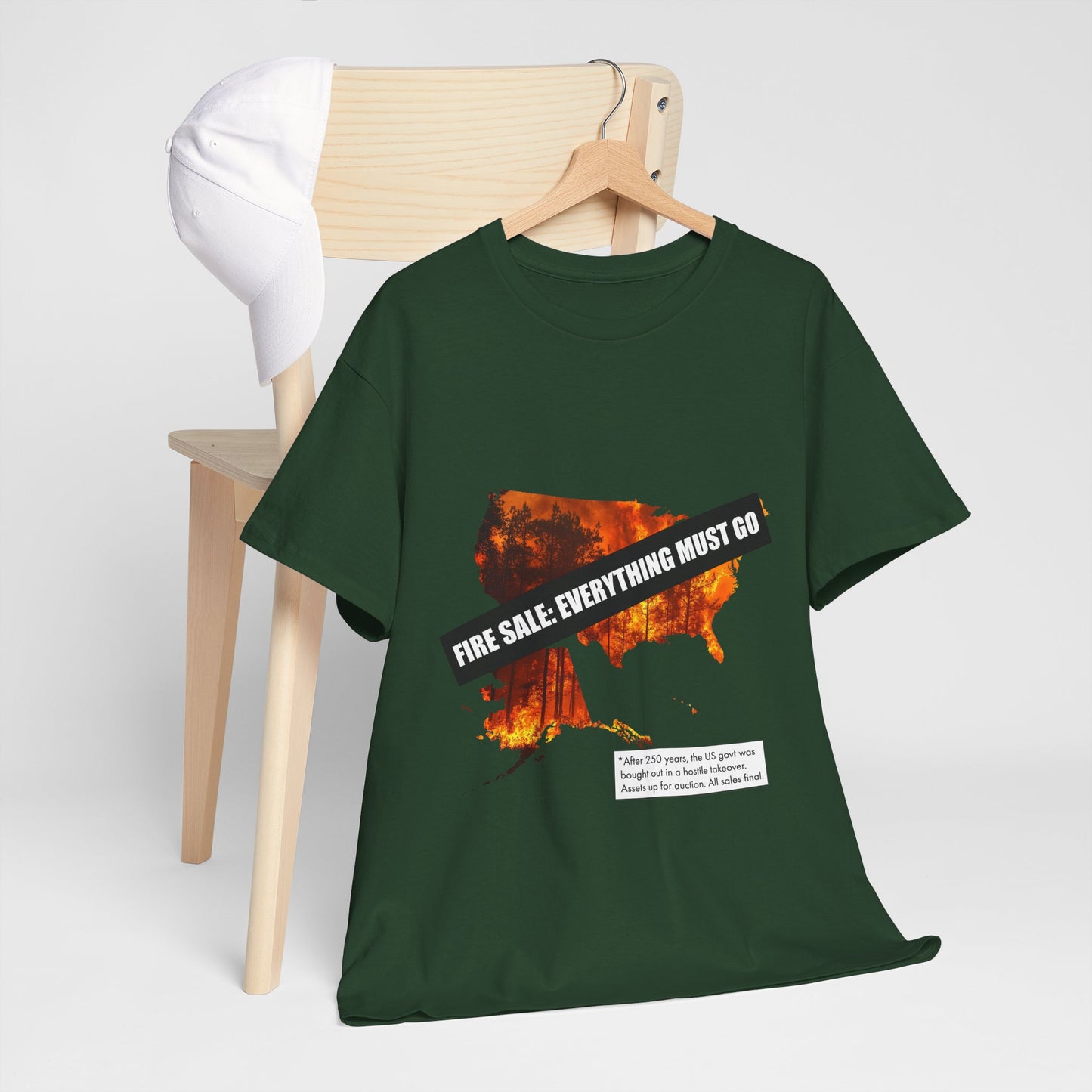 250th anniversary T-Shirt — USA on Fire Graphic Tee with “Fire Sale: Everything Must Go” Text