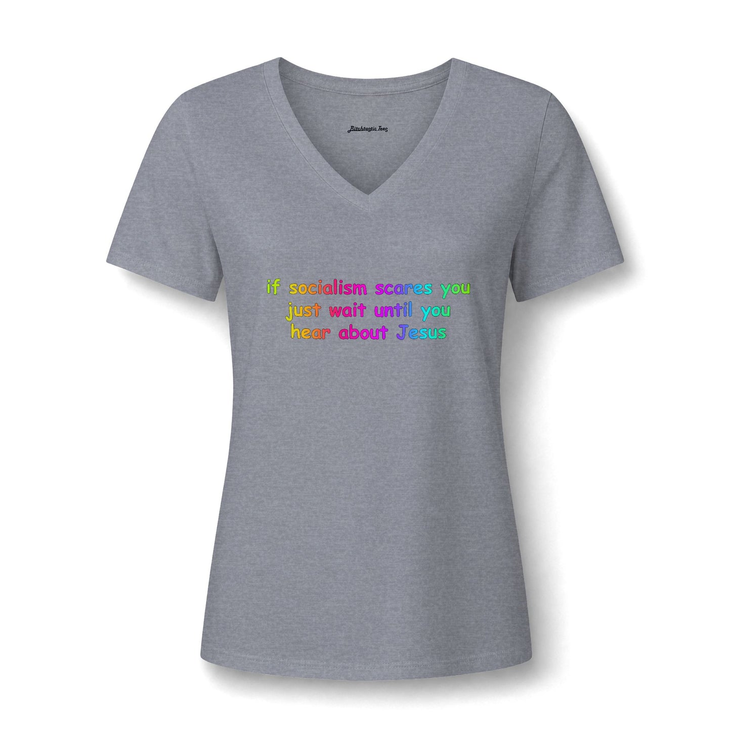 Women's V-Neck Tee — Socialist Jesus Ironic Graphic Shirt