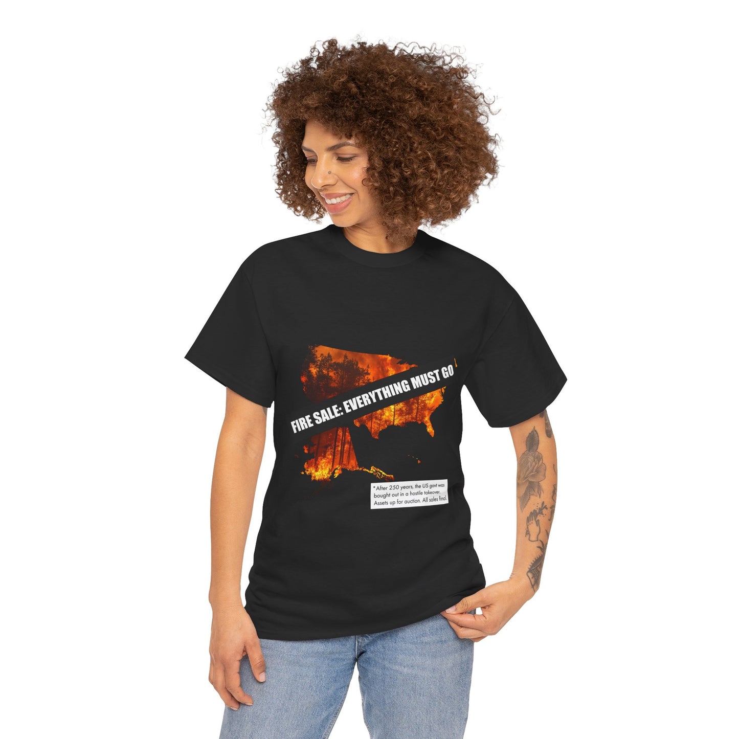 250th anniversary T-Shirt — USA on Fire Graphic Tee with “Fire Sale: Everything Must Go” Text