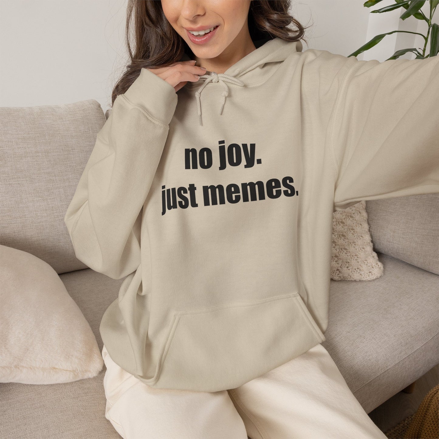 Hoodie — "no joy. just memes." Minimal Meme Text Pullover