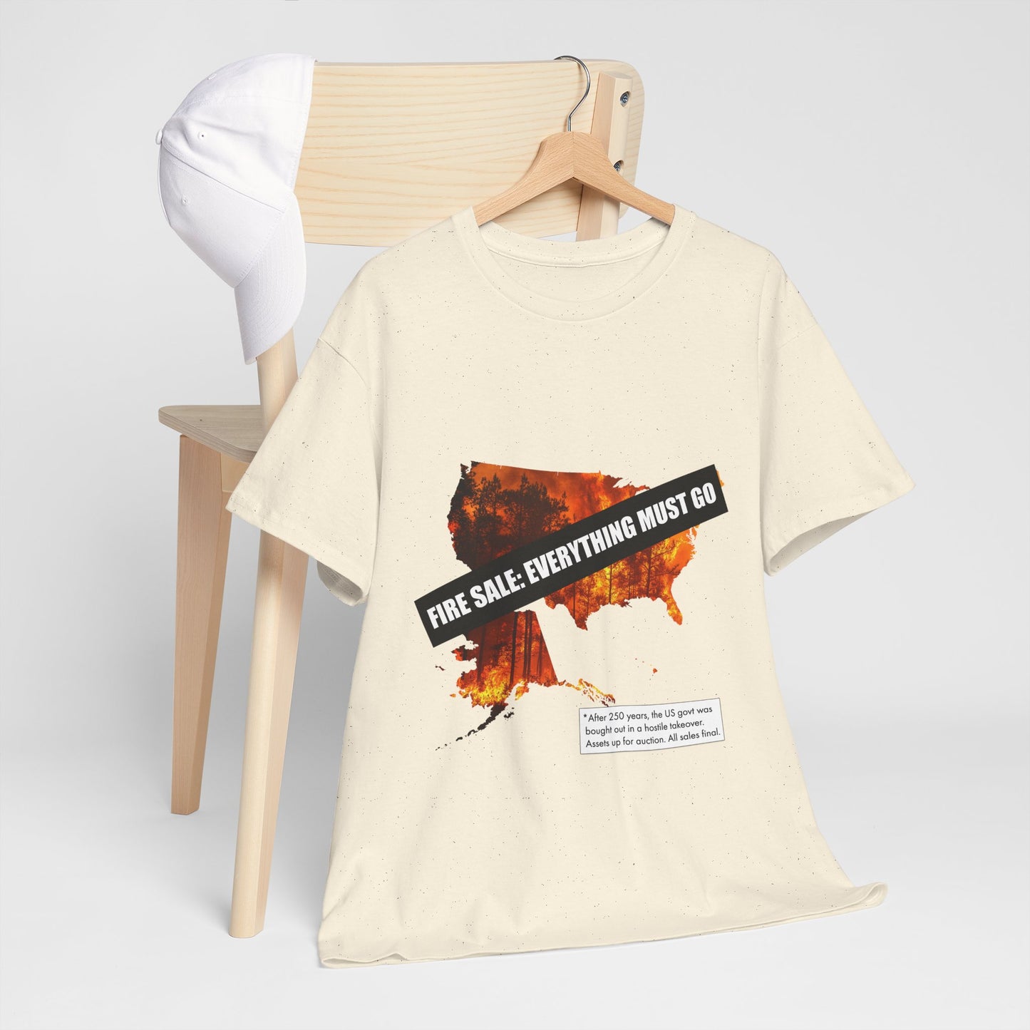 250th anniversary T-Shirt — USA on Fire Graphic Tee with “Fire Sale: Everything Must Go” Text