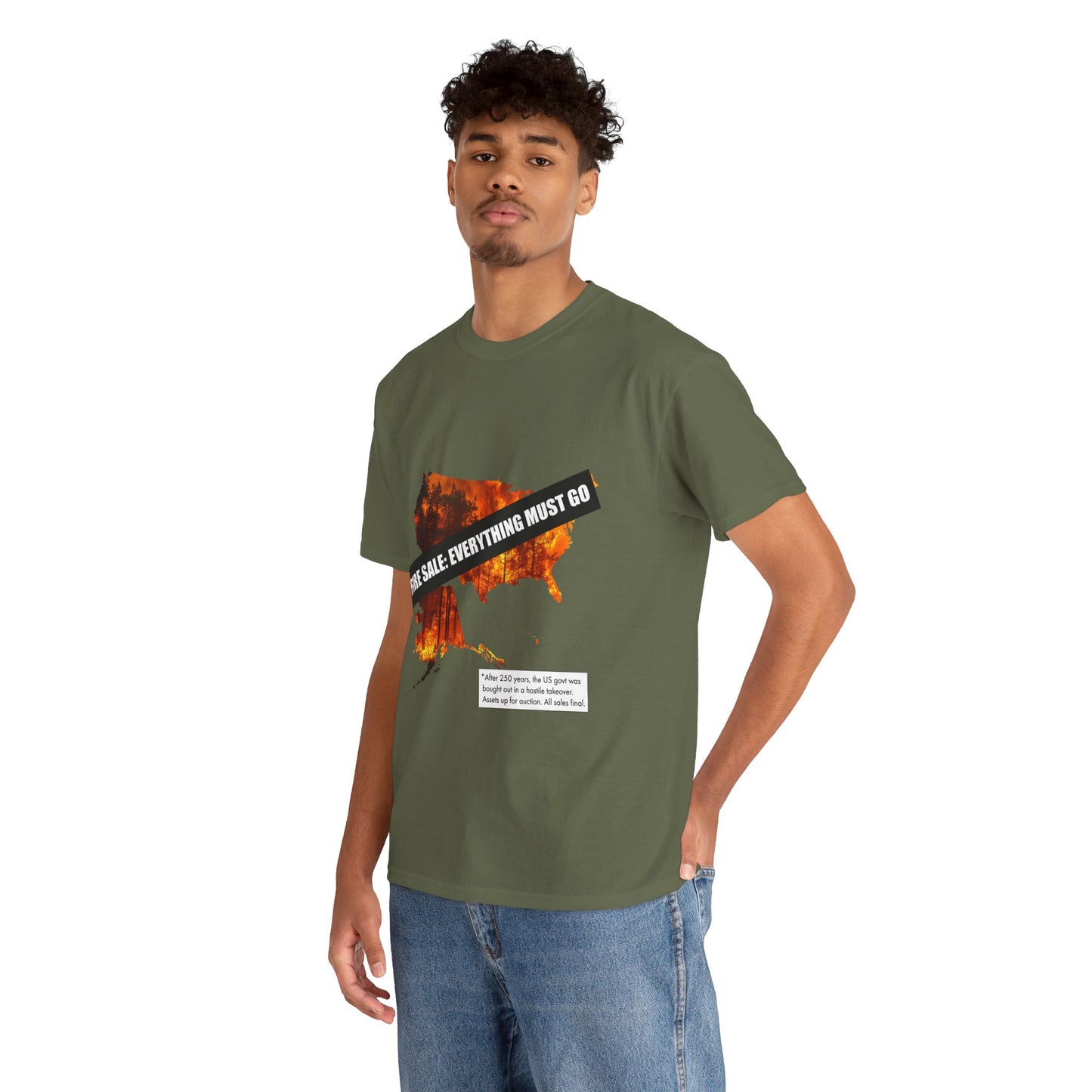 250th anniversary T-Shirt — USA on Fire Graphic Tee with “Fire Sale: Everything Must Go” Text