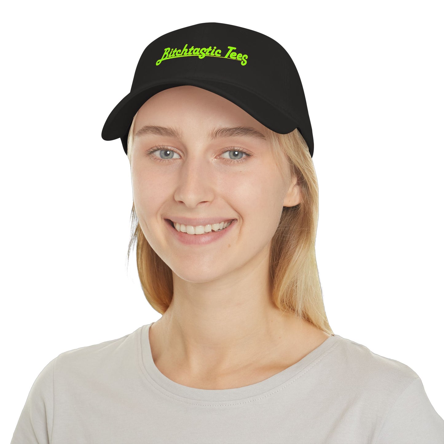 Printed "Bitchtastic Tees" Low Profile Baseball Cap — Retro Script Logo Hat