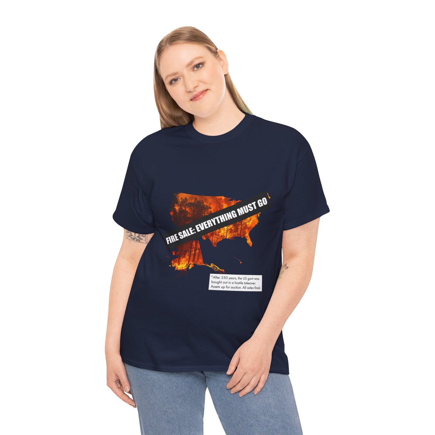 250th anniversary T-Shirt — USA on Fire Graphic Tee with “Fire Sale: Everything Must Go” Text
