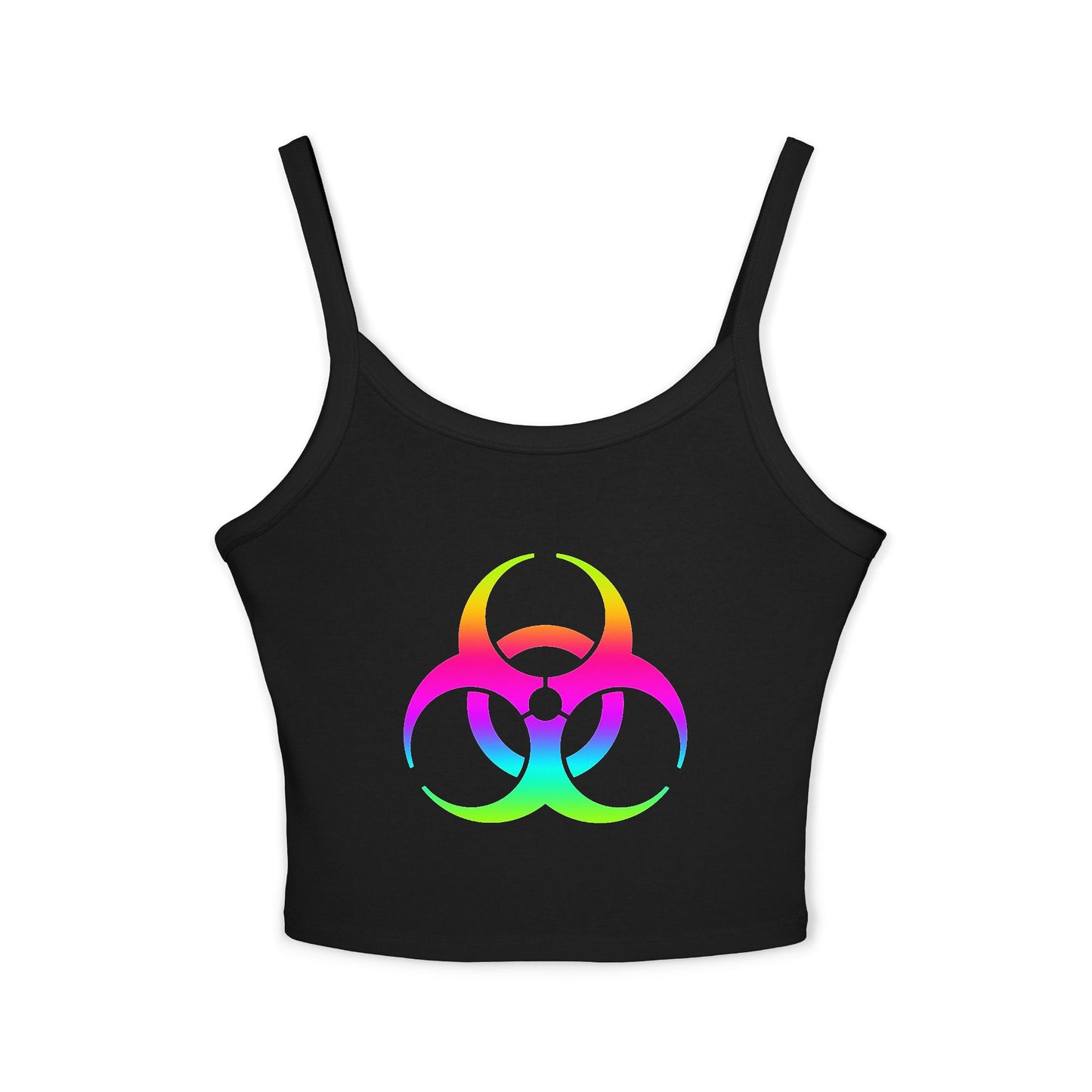 Rainbow Biohazard Crop Tank Top – Neon Hazard Symbol Spaghetti Strap
