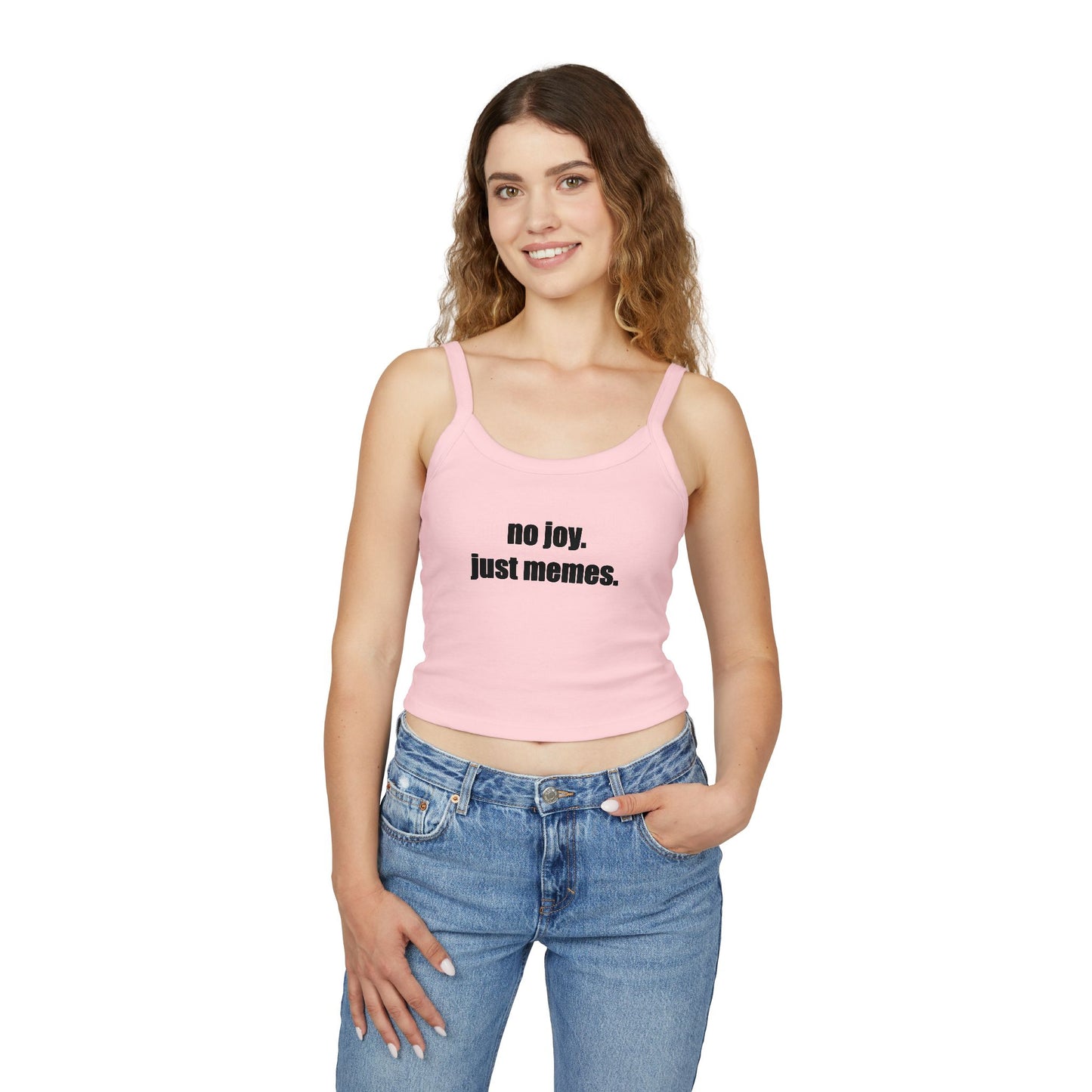 Spaghetti Tank — "no joy. just memes." Graphic Crop Top