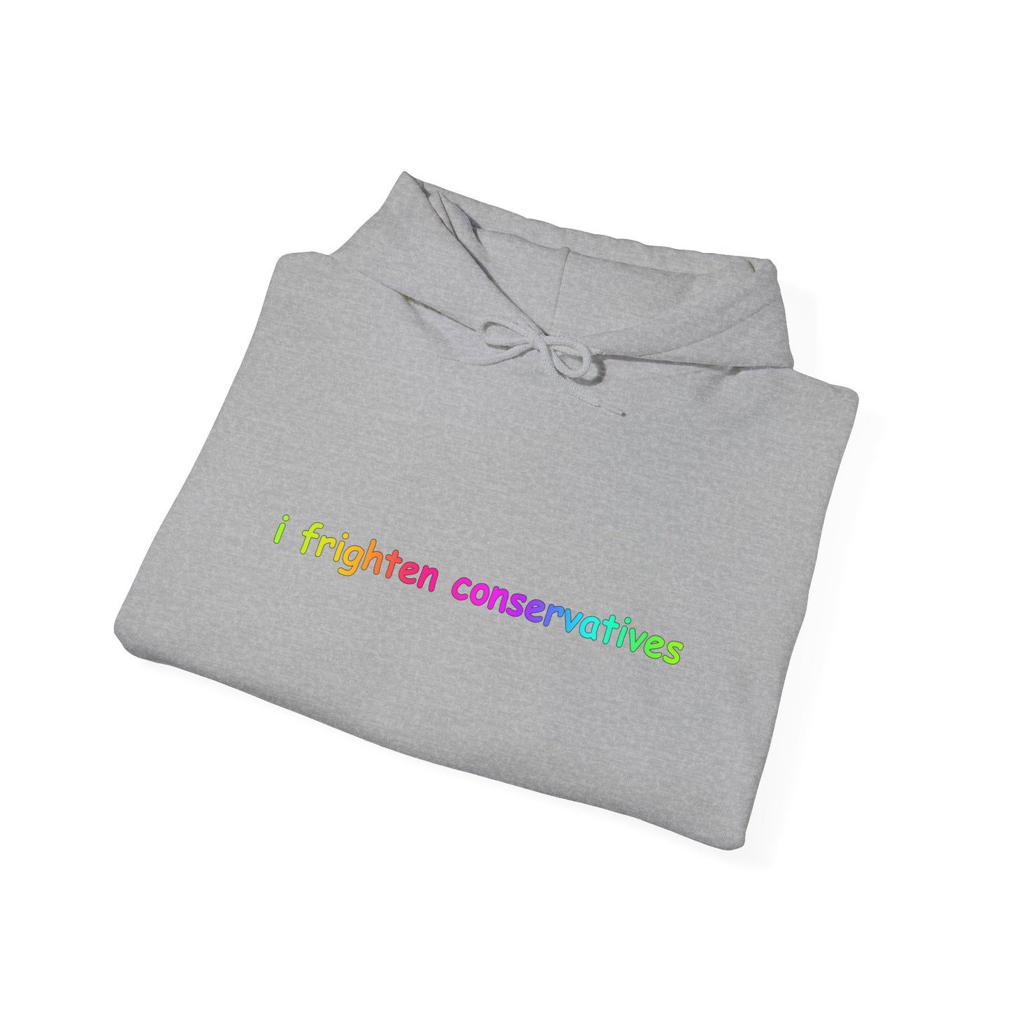 Hoodie — "I Frighten Conservatives" Rainbow Text Pullover