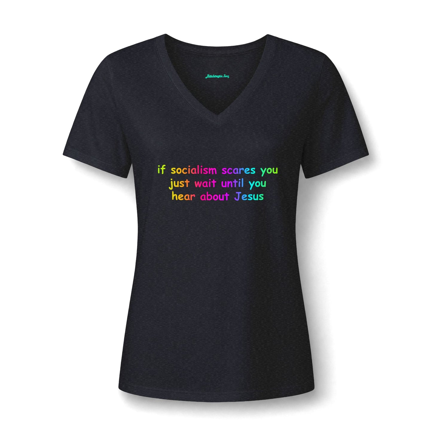 Women's V-Neck Tee — Socialist Jesus Ironic Graphic Shirt