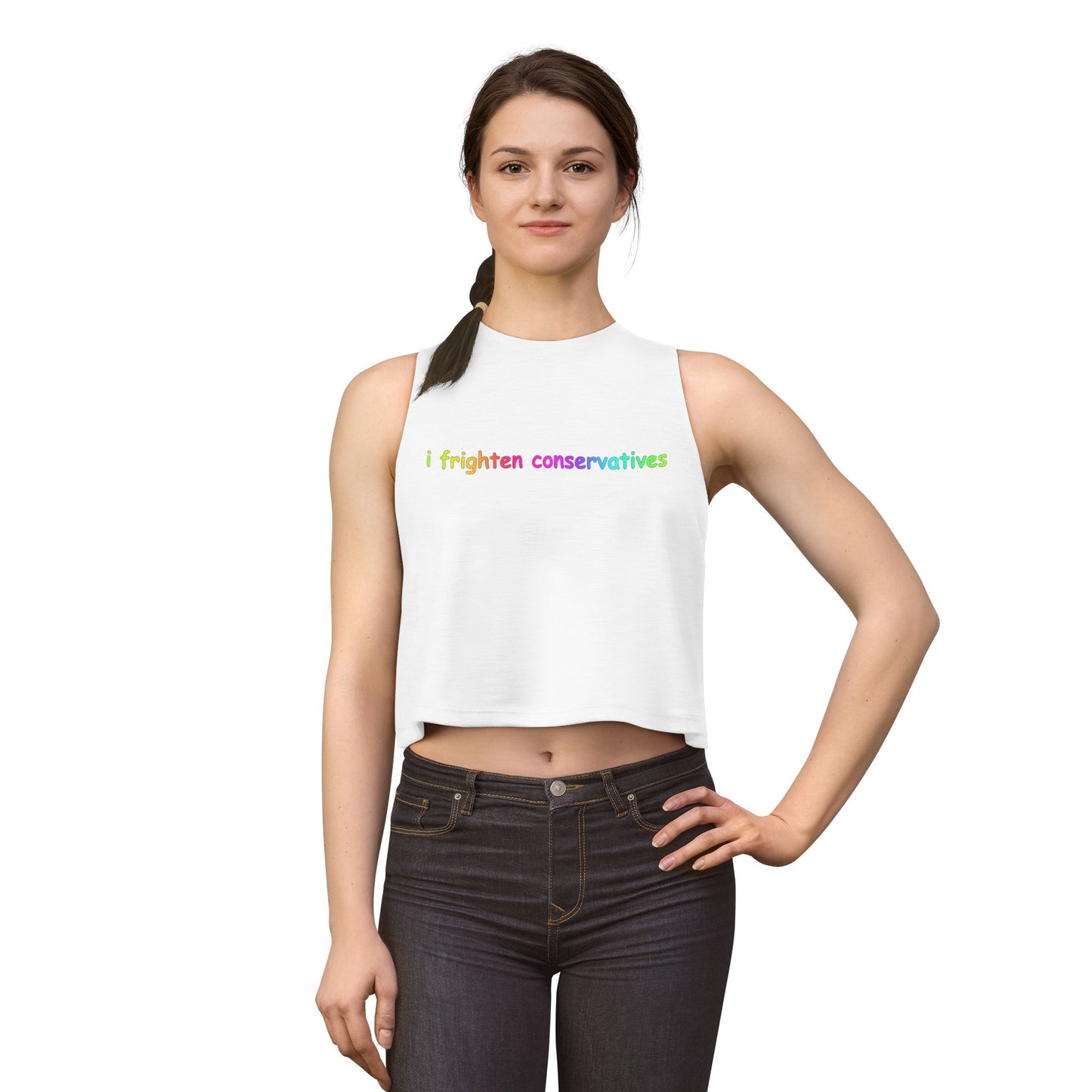 Crop Top — "I Frighten Conservatives" Rainbow Feminist Graphic