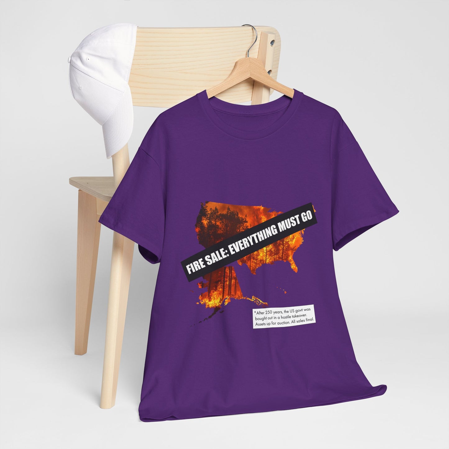 250th anniversary T-Shirt — USA on Fire Graphic Tee with “Fire Sale: Everything Must Go” Text