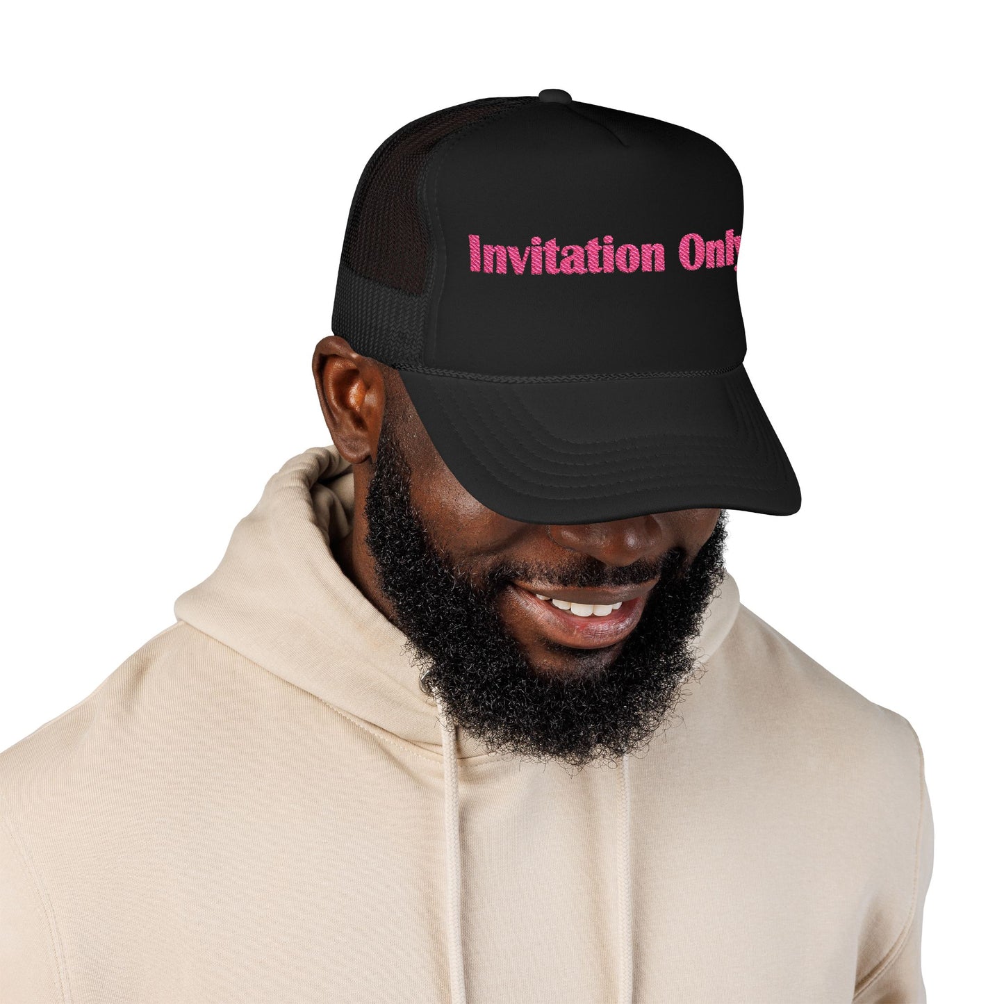 Invitation Only Trucker Hat — Pink Text Foam Cap