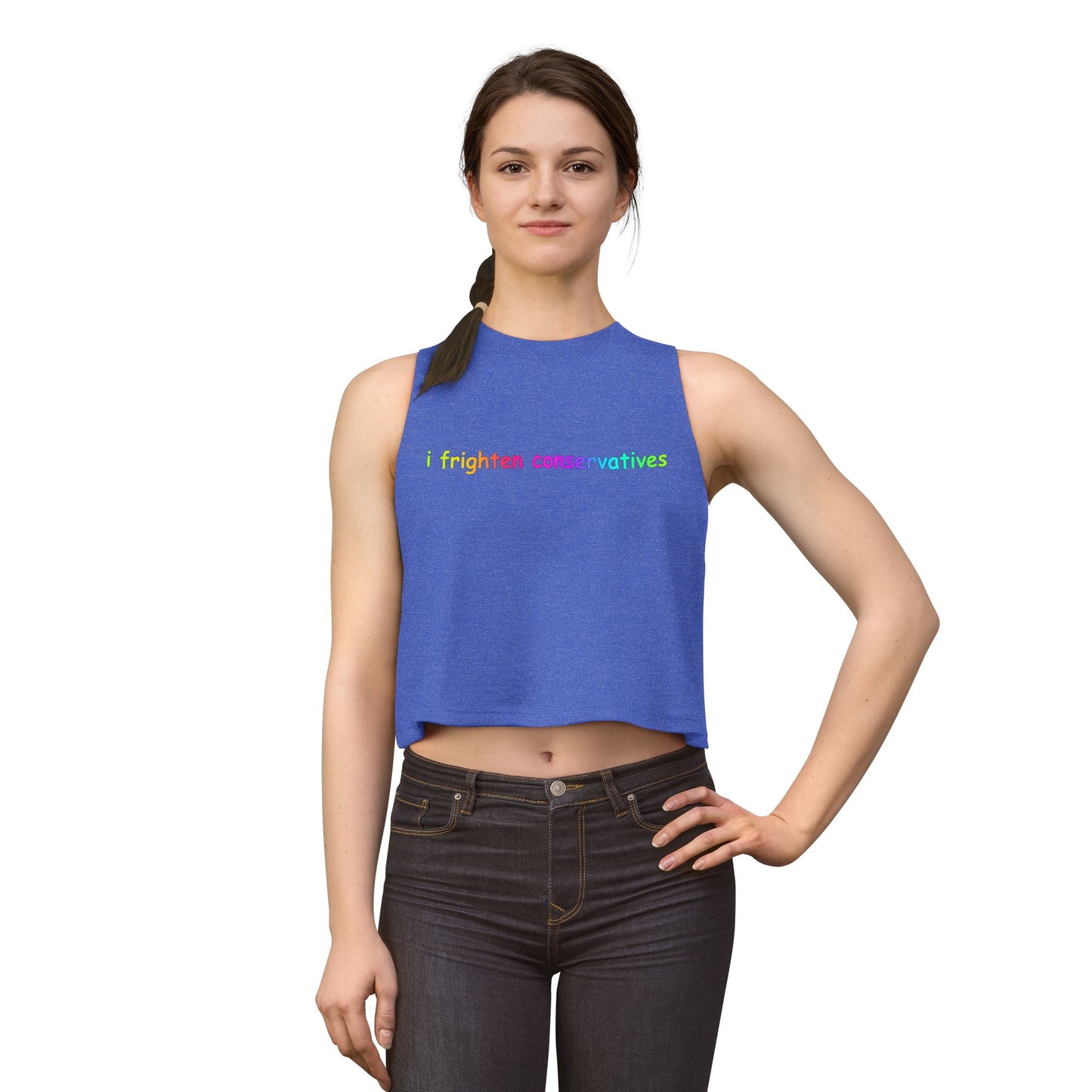Crop Top — "I Frighten Conservatives" Rainbow Feminist Graphic