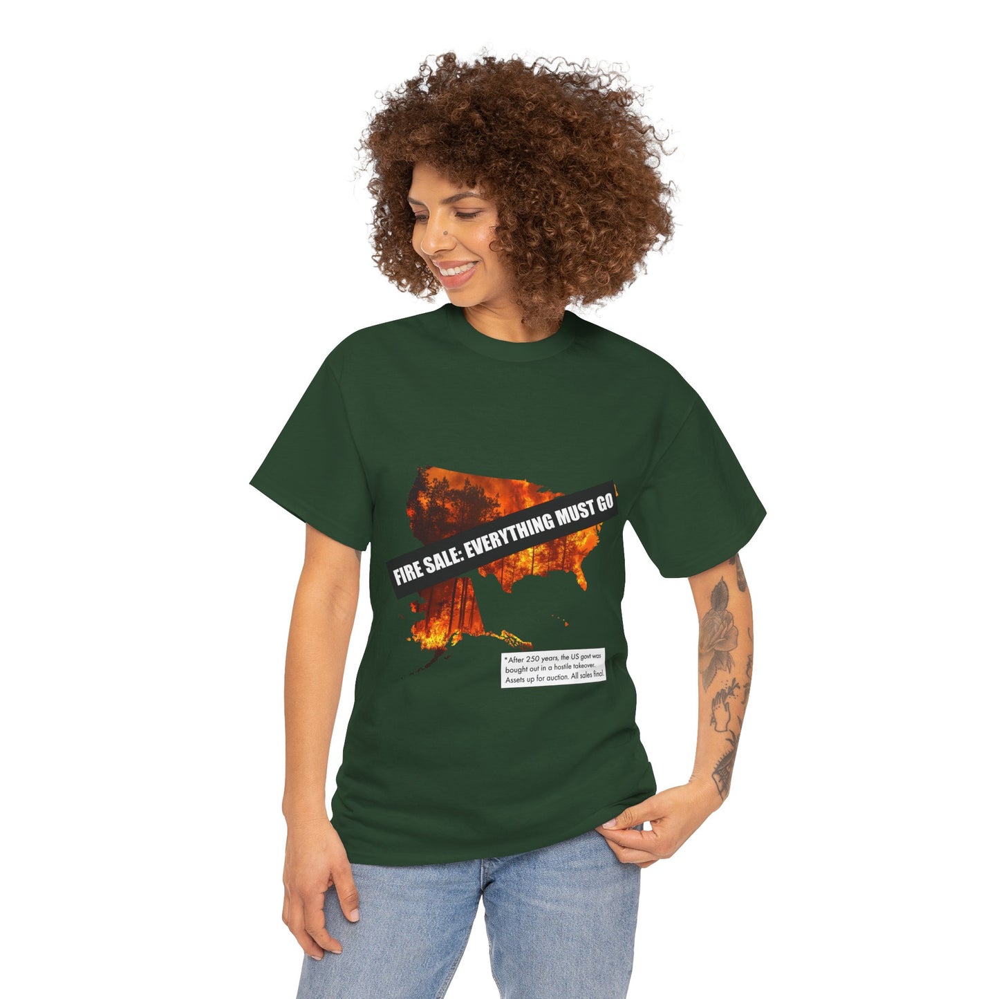 250th anniversary T-Shirt — USA on Fire Graphic Tee with “Fire Sale: Everything Must Go” Text
