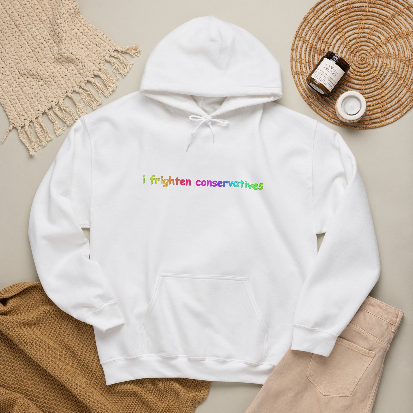 Hoodie — "I Frighten Conservatives" Rainbow Text Pullover
