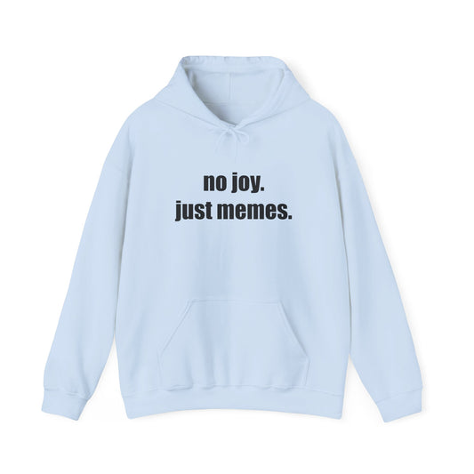 Hoodie — "no joy. just memes." Minimal Meme Text Pullover
