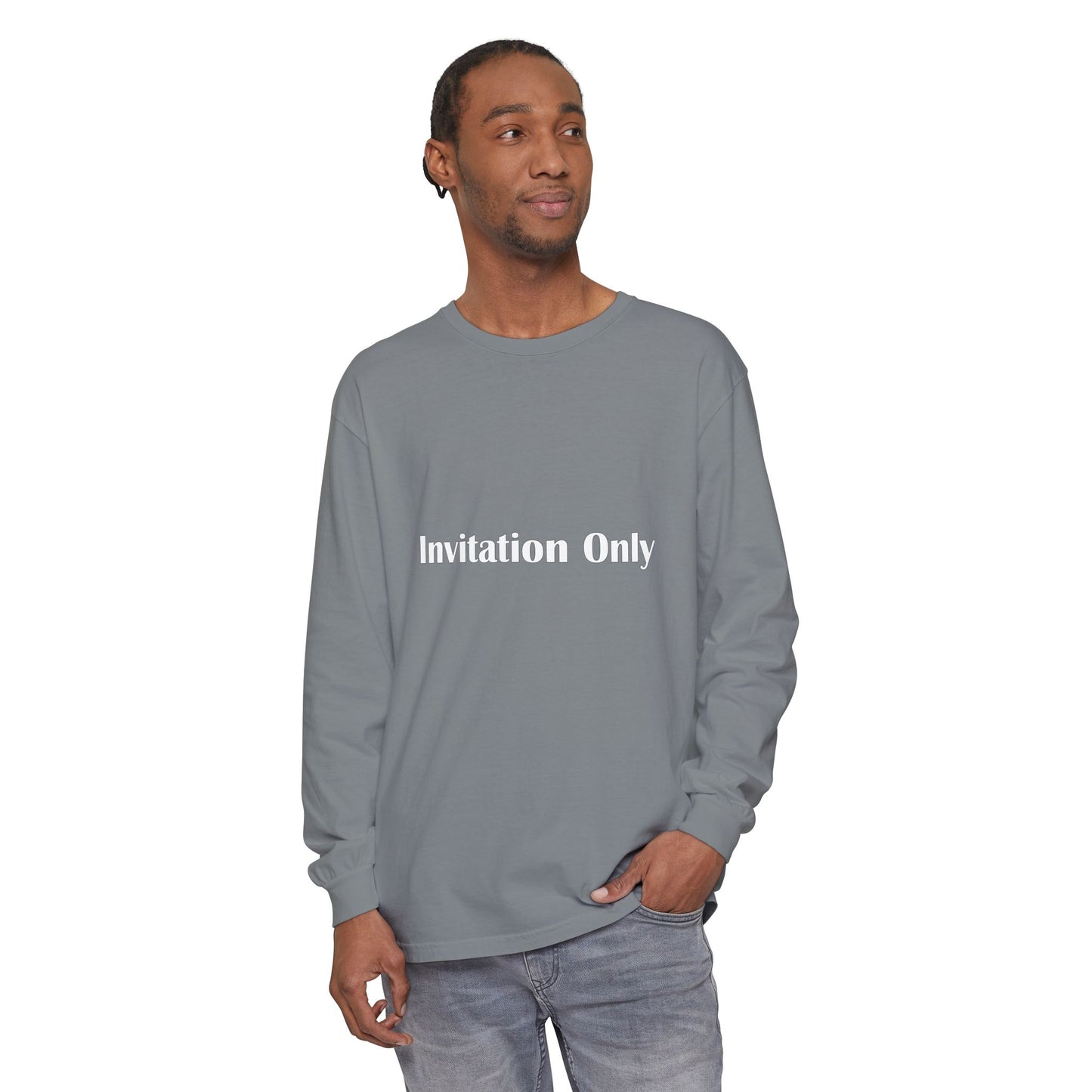 Invitation Only Long Sleeve Tee — Minimal Pink Text Graphic